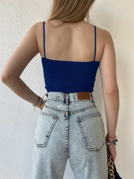 Kare Yaka İnce Askı Triko Bluz Saks Mavi