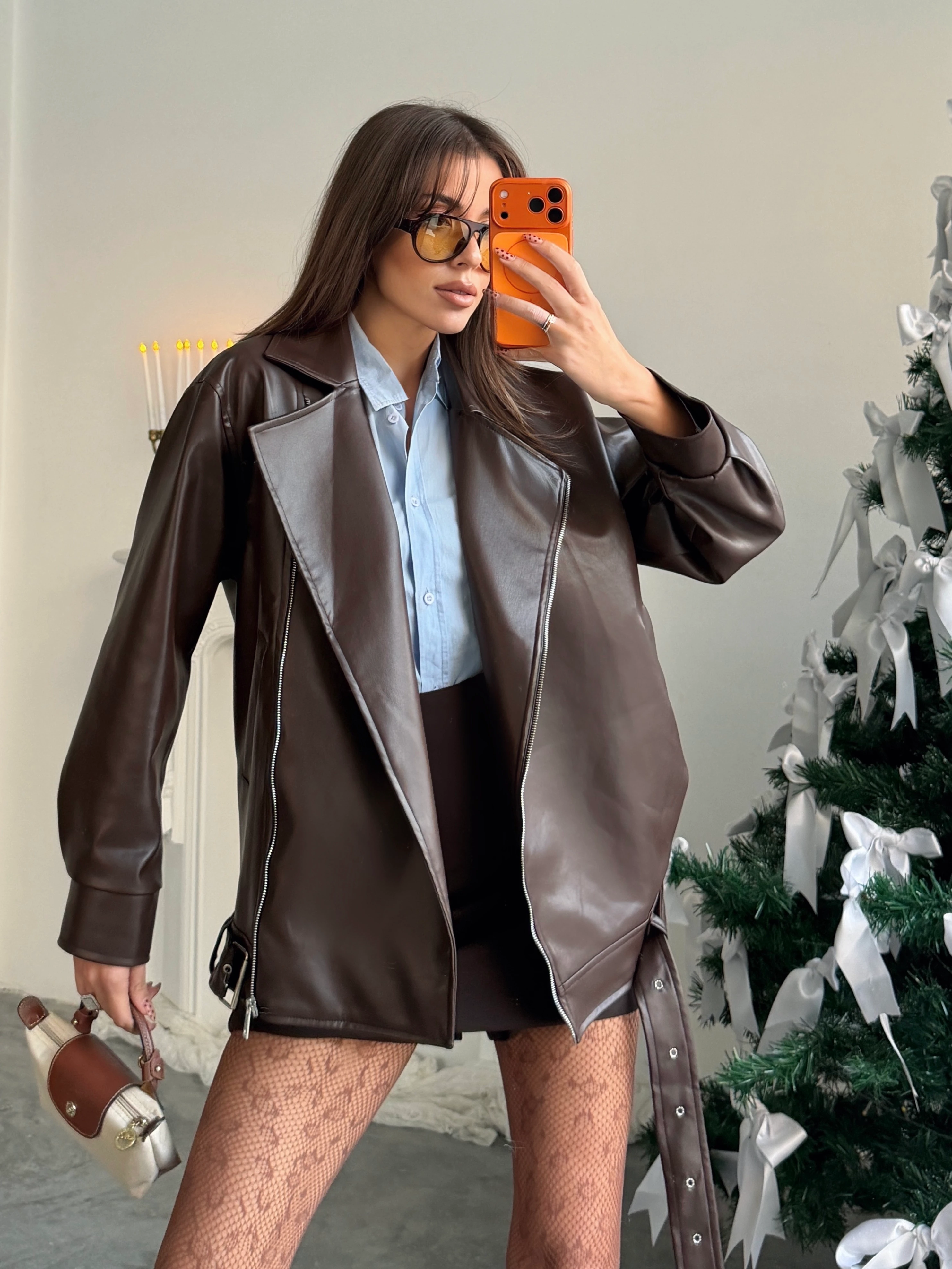 Kemerli Oversize Deri Ceket  - Kahve