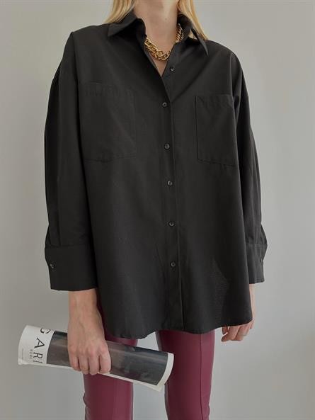 Sırt Yırtmaç Detay Oversize Poplin Gömlek Siyah