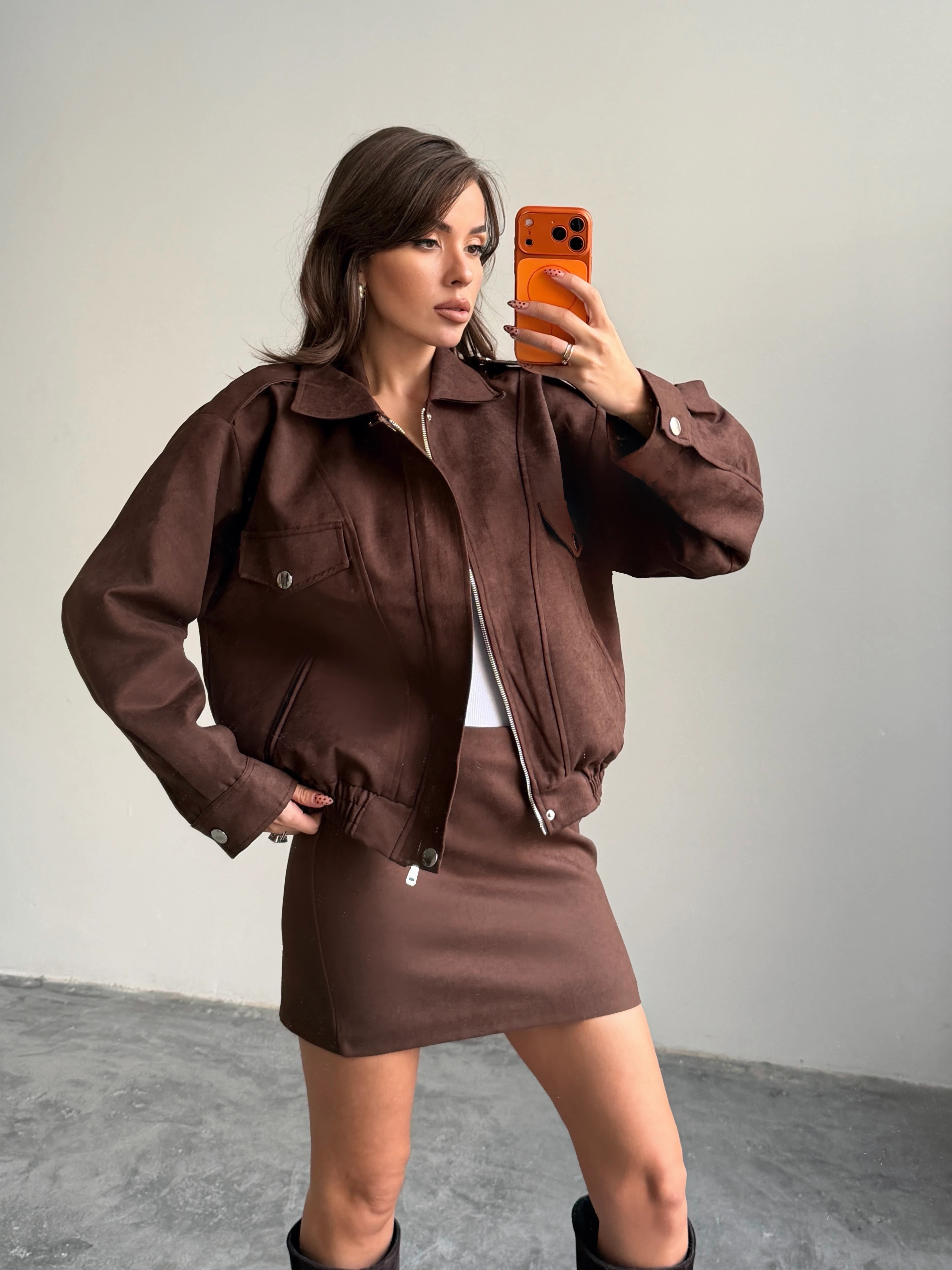 Süet Etek Ceket Takım  - Kahve