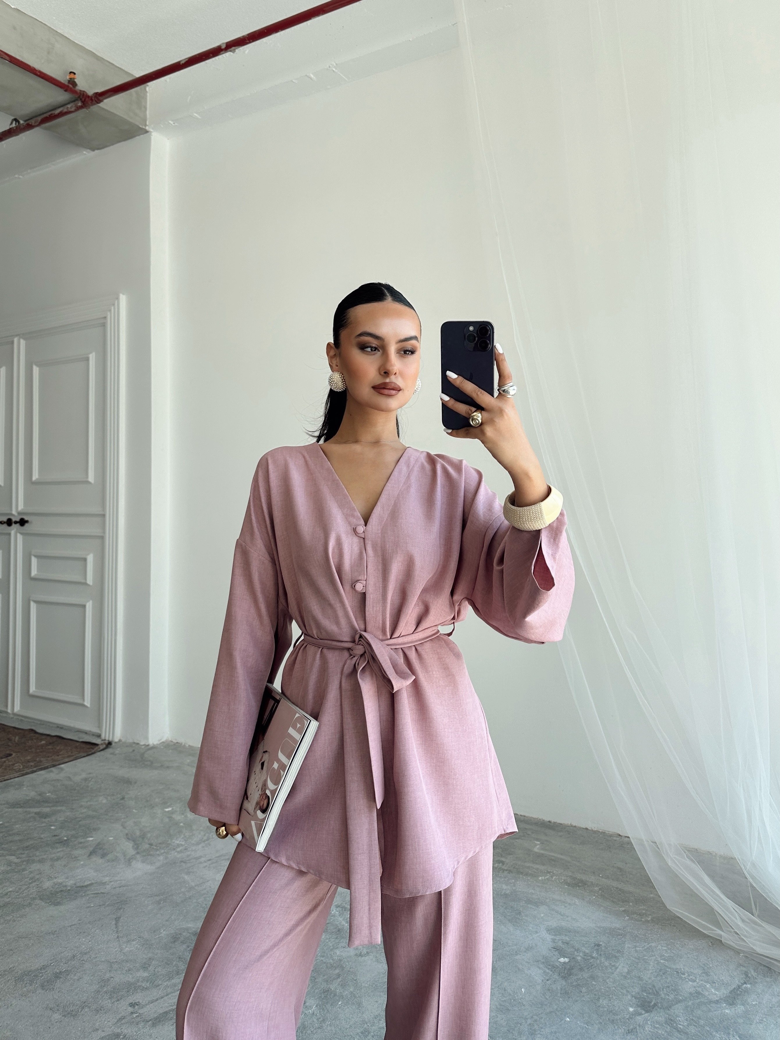 Düğme Detay Kuşaklı Kimono Takım - Pudra Pembe