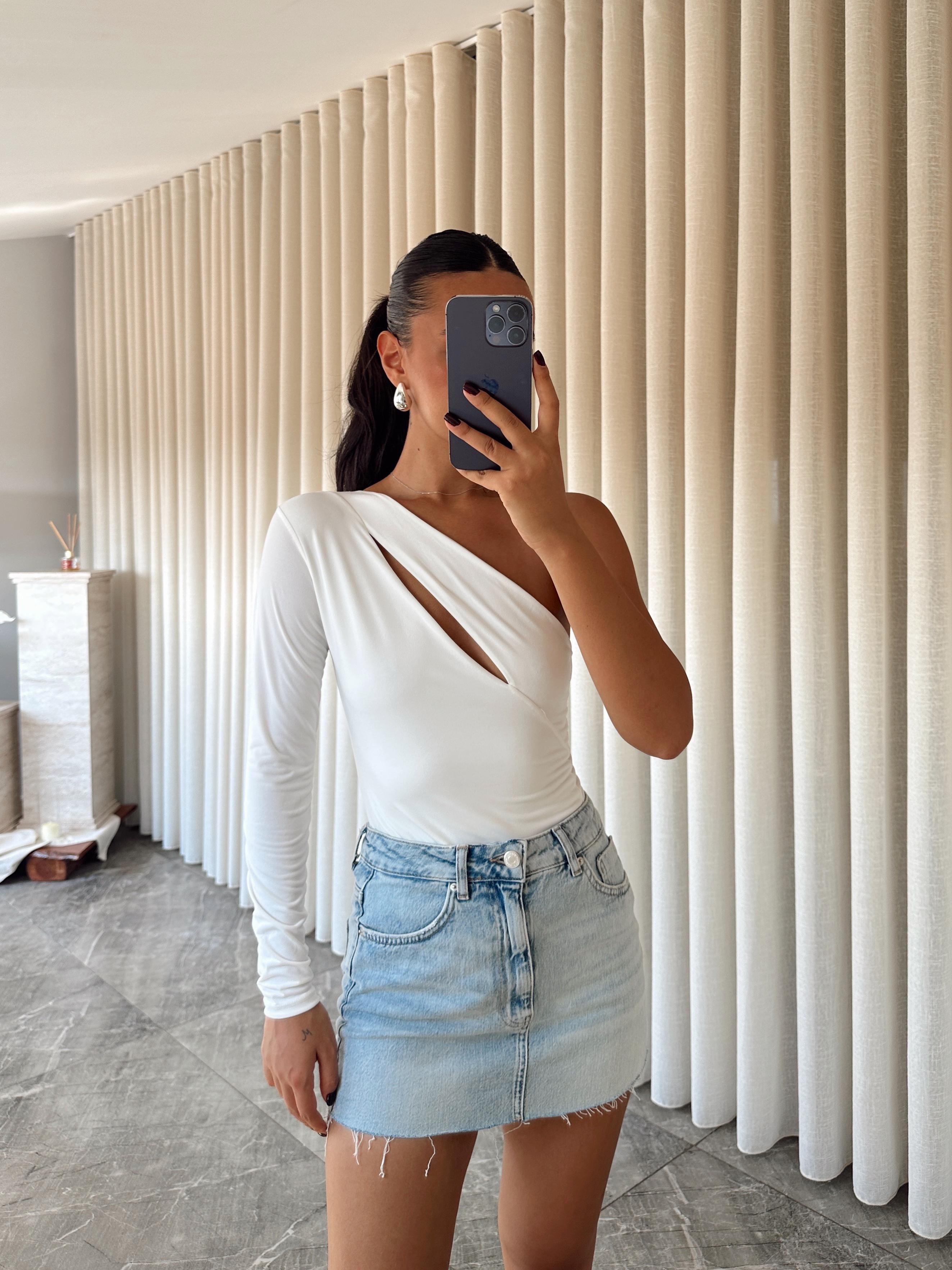Sabrina Tek Kol Bodysuit Beyaz