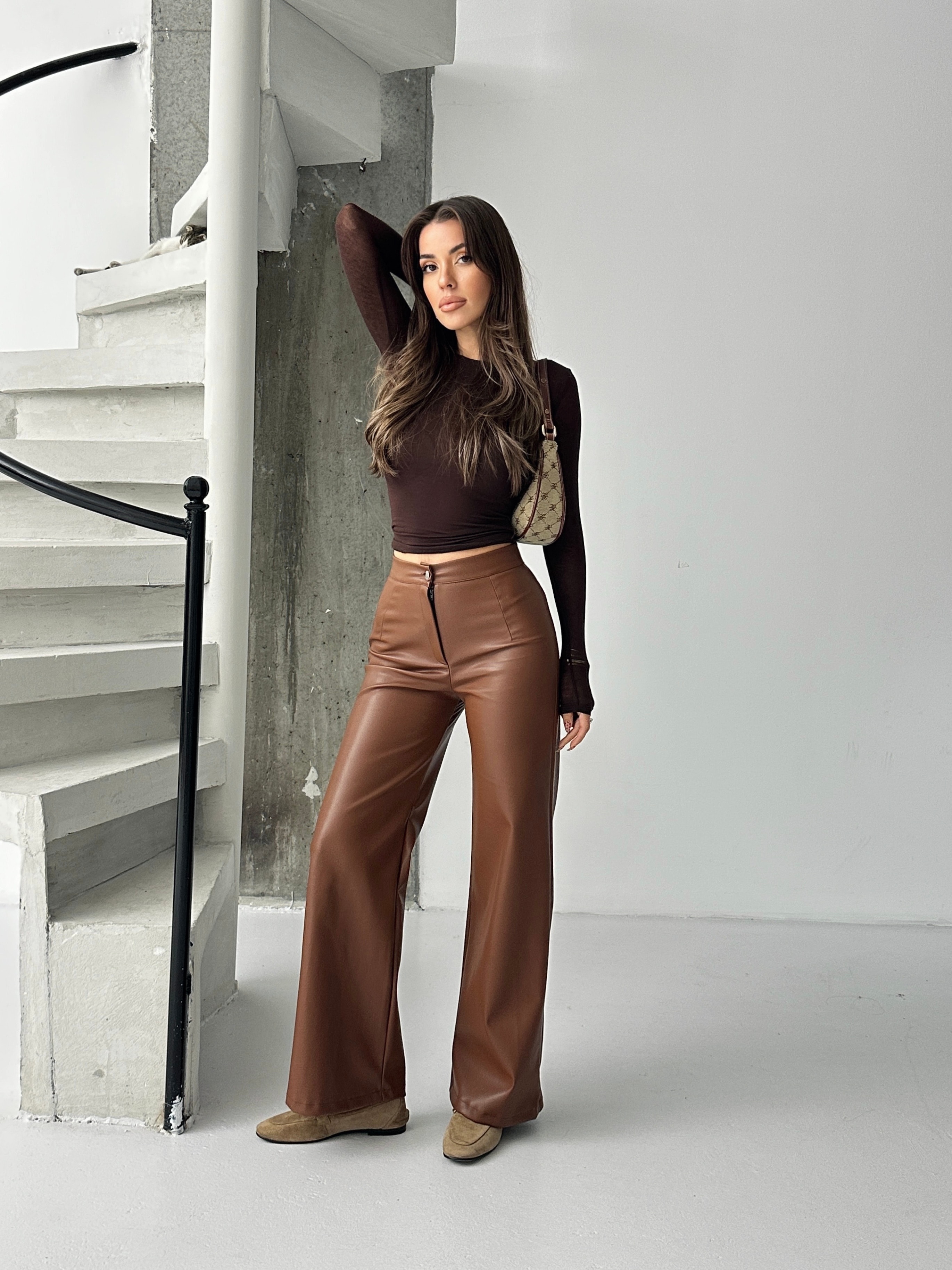 Düz Kesim Şardonlu Deri Palazzo  - Taba