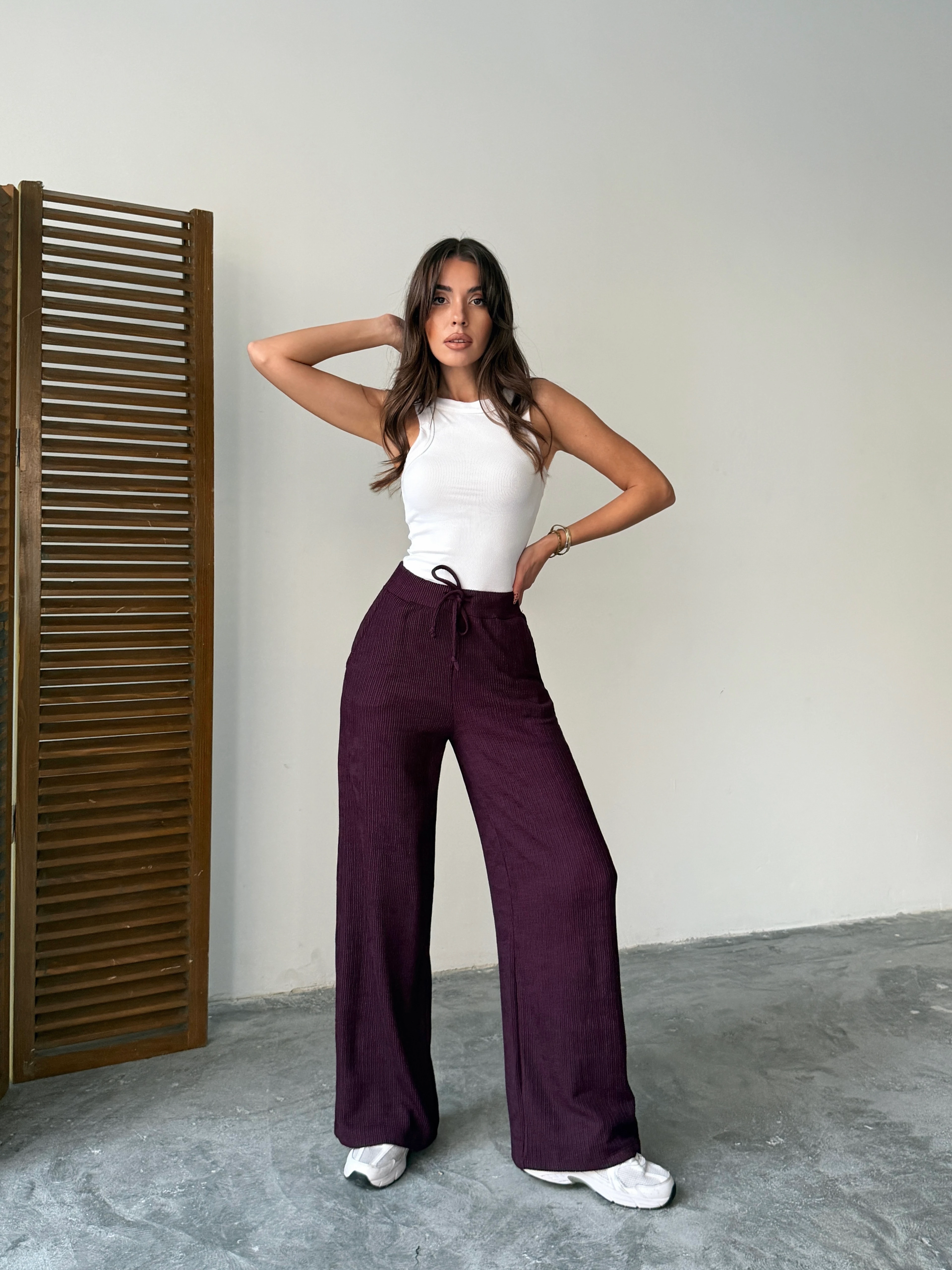 Bel Bağcık Fitilli Pantolon - Mürdüm