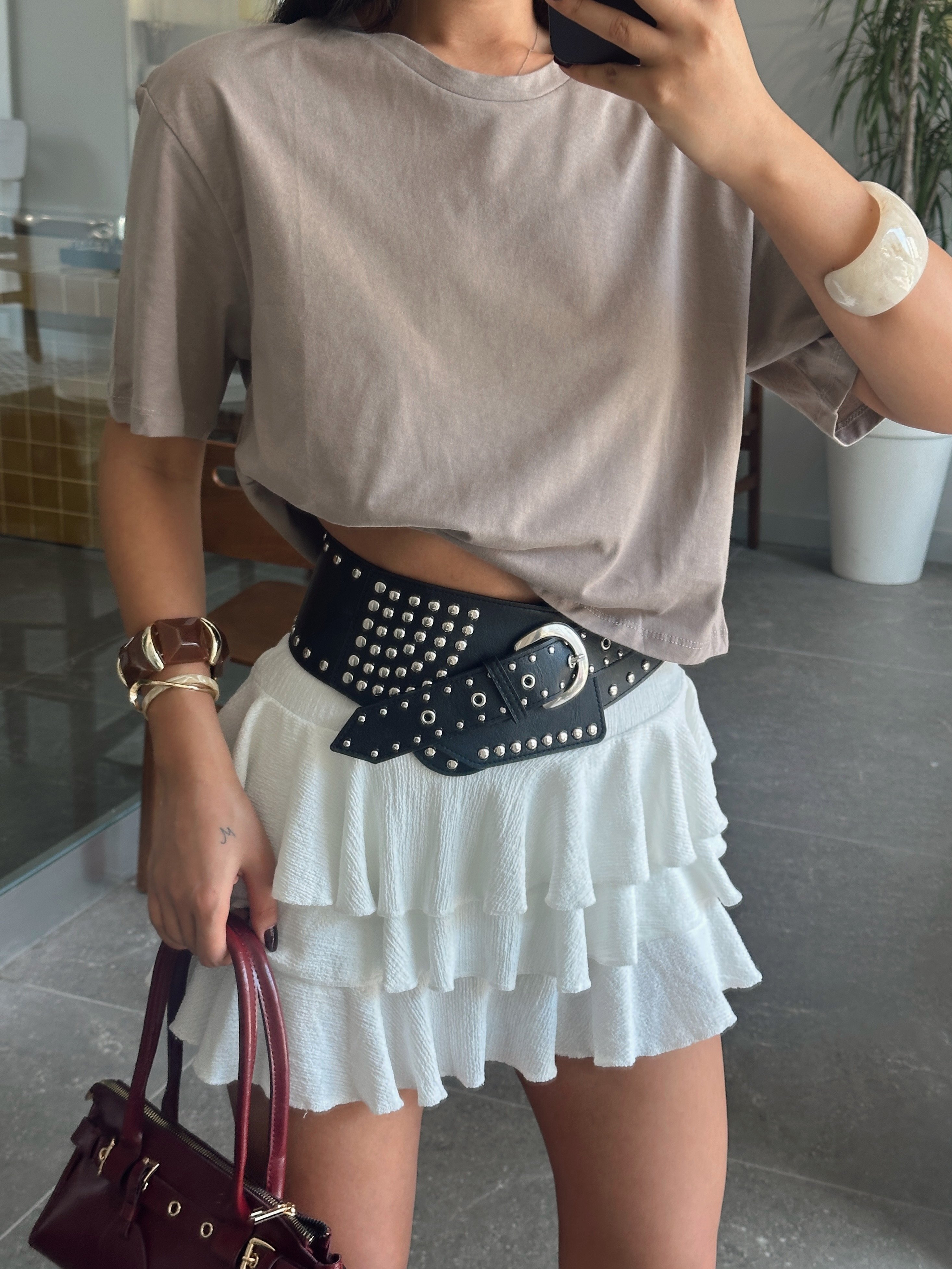 Düz Kısa Kol Crop Basic - Vizon