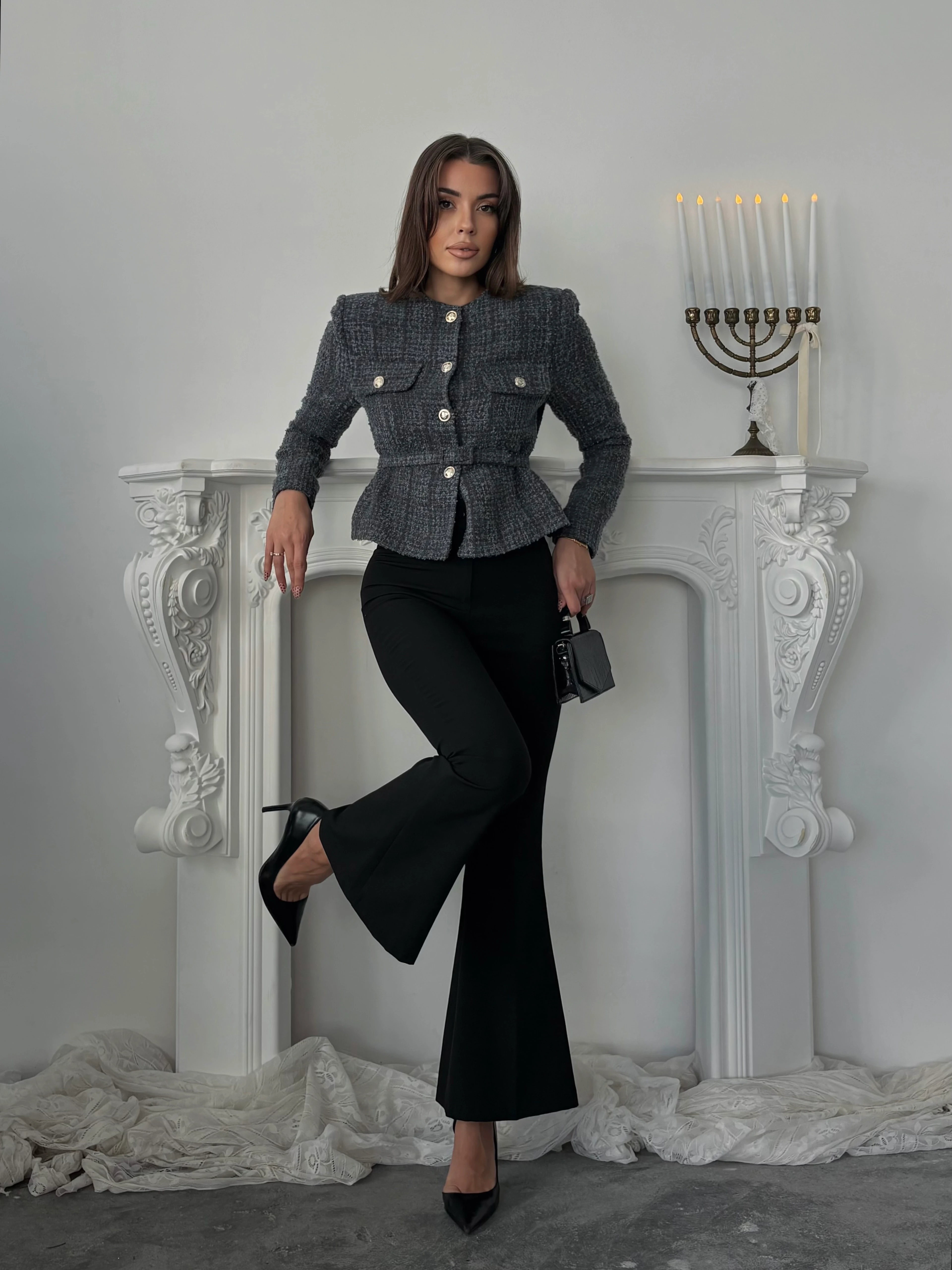 Kemer Detaylı Düğmeli Ceket - Füme