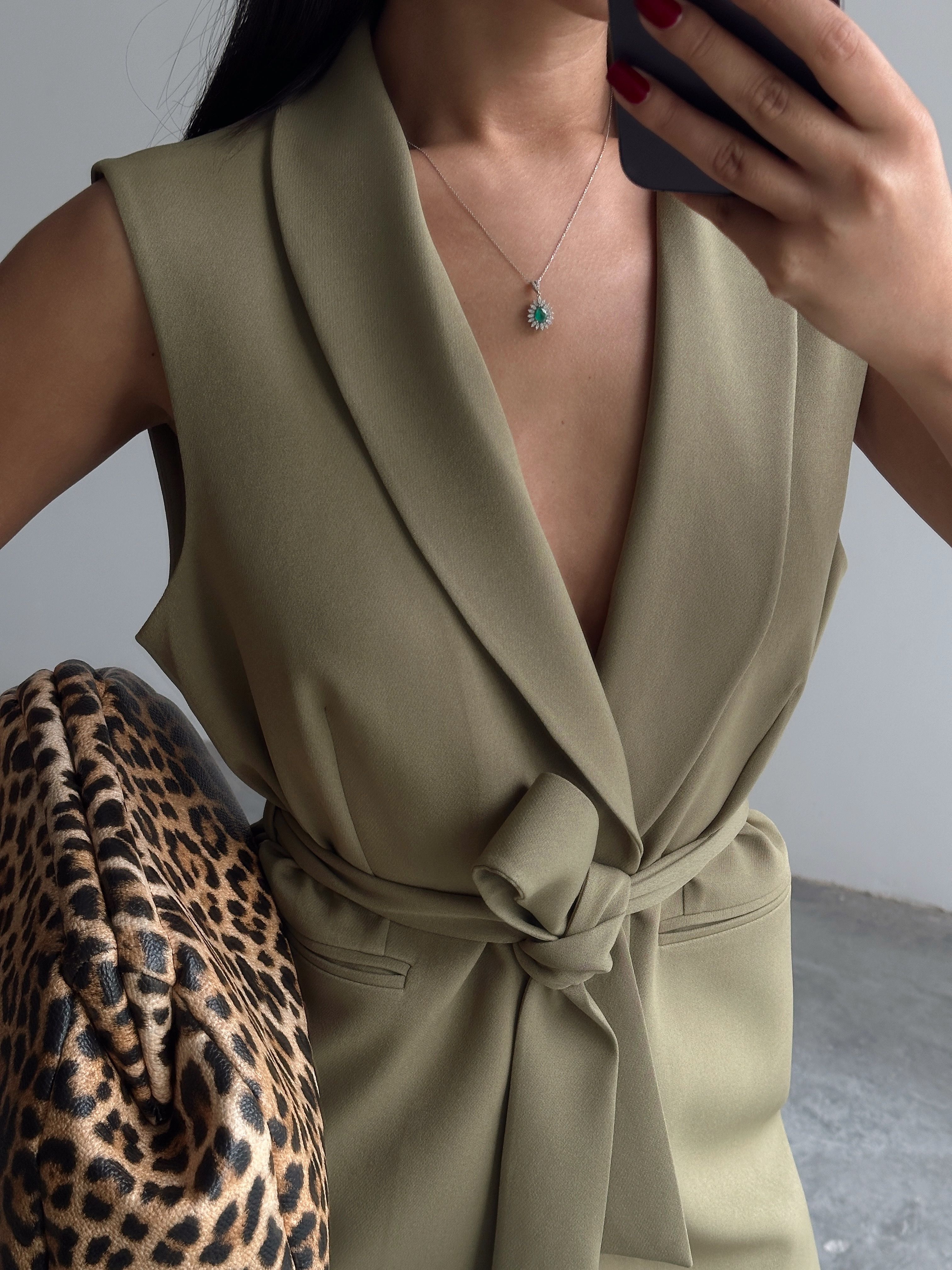 Bağlamalı Blazer Yelek  - Khaki