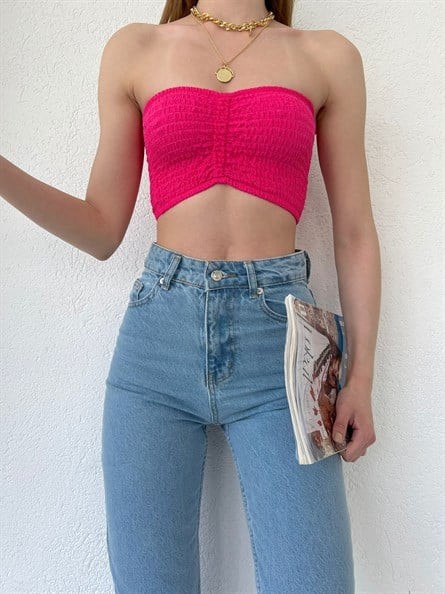 Drapeli Gofre Straplez Crop Fuşya