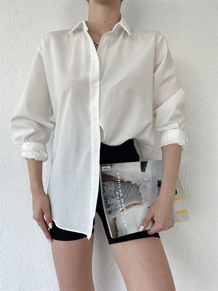 Kol Çift Düğme Oversize Poplin Gömlek Beyaz