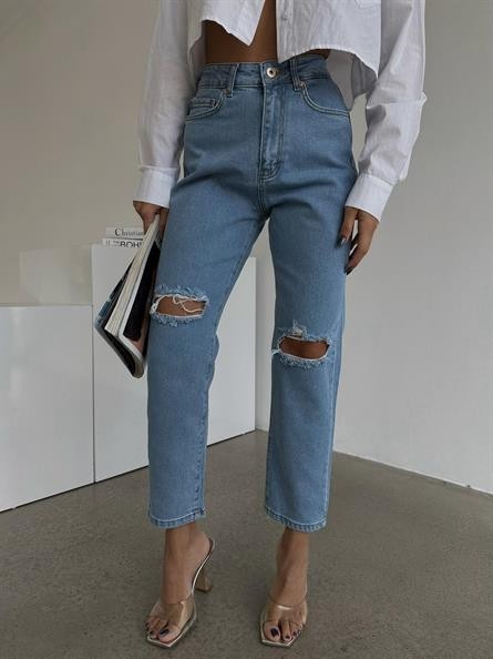 Distressed Mom Jean Açık Mavi