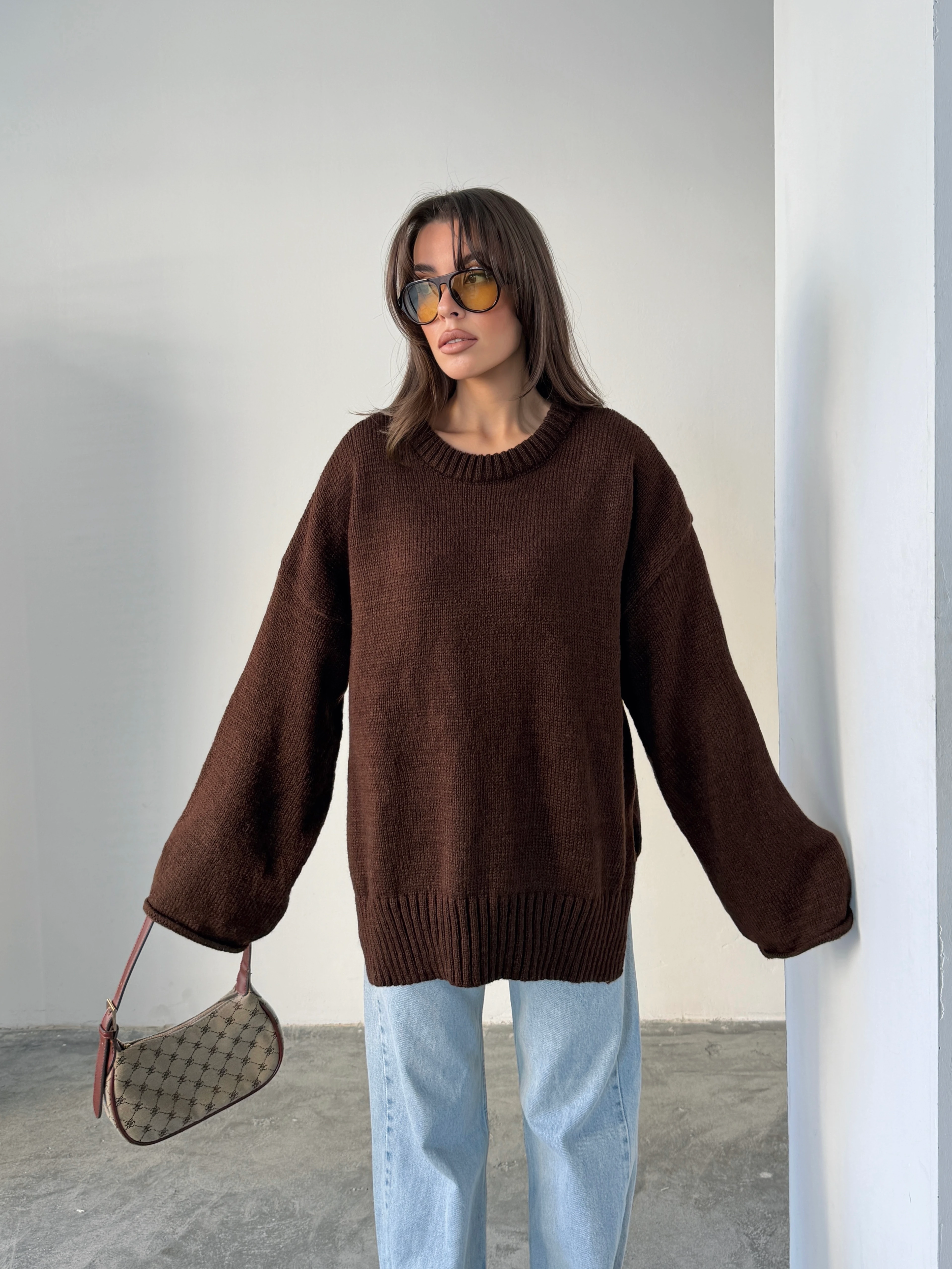 Yırtmaçlı Basic Triko  - Acı kahve