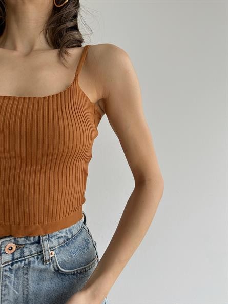 Bel Fırfır Fitilli Triko Bluz Taba