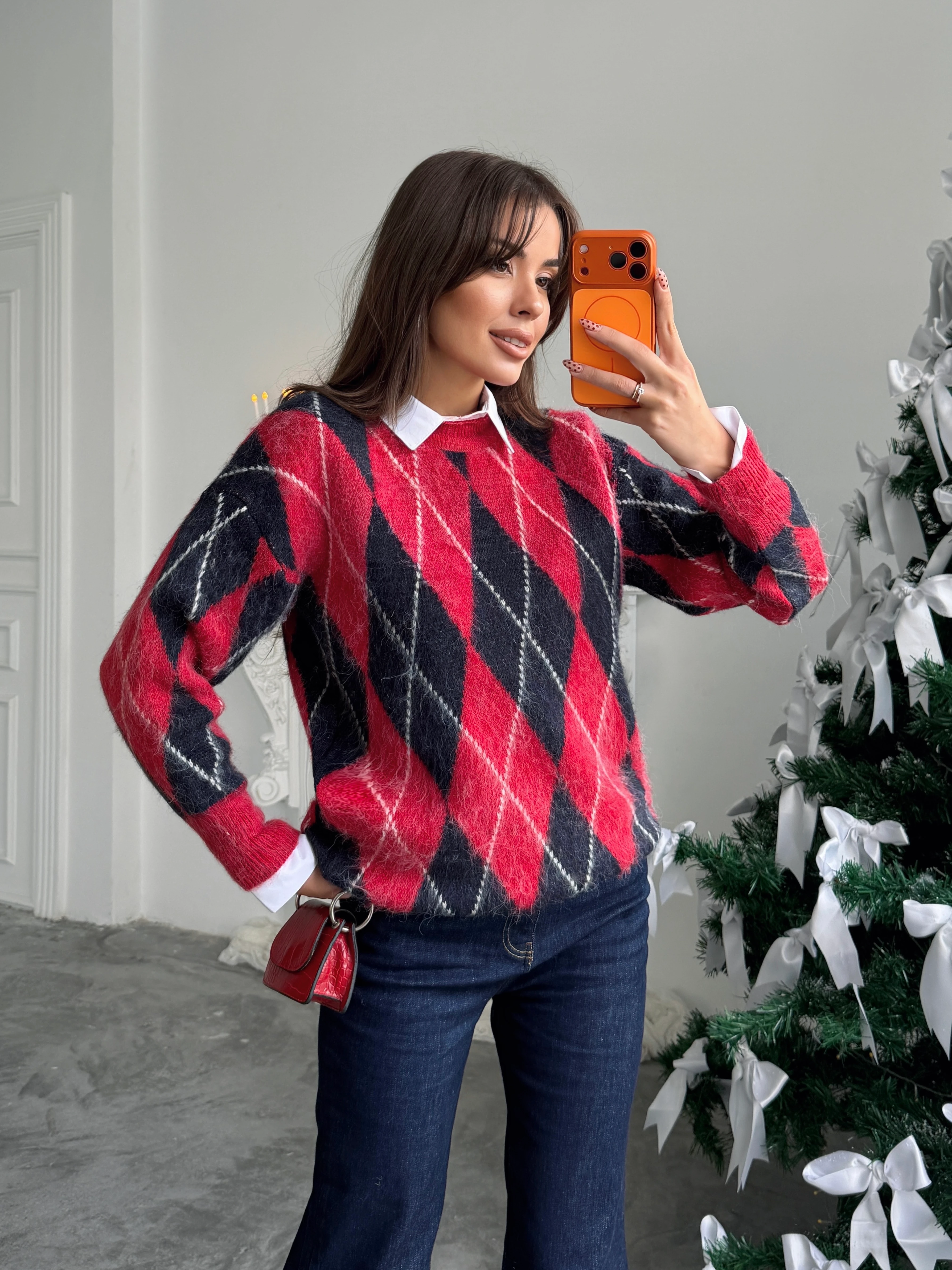 Ribanalı Baklava Desen Kazak - Kırmızı