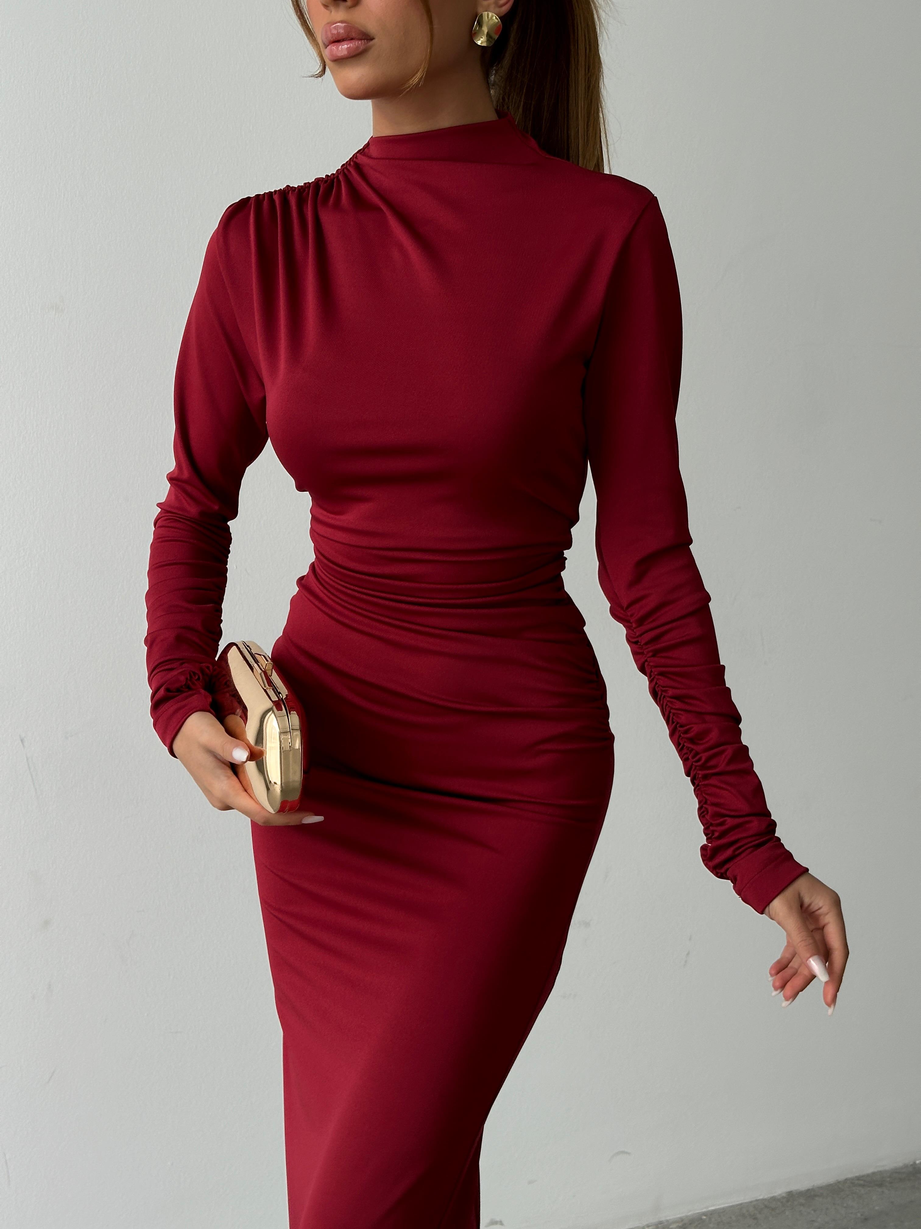 Drape Balıkçı Elbise Bordo
