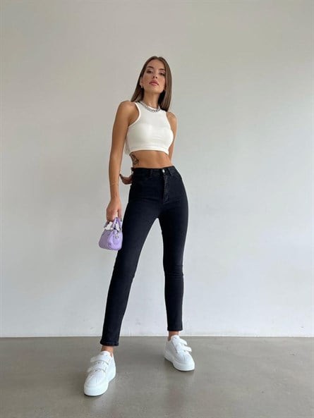 Yüksek Bel Likralı Skinny Jean Siyah