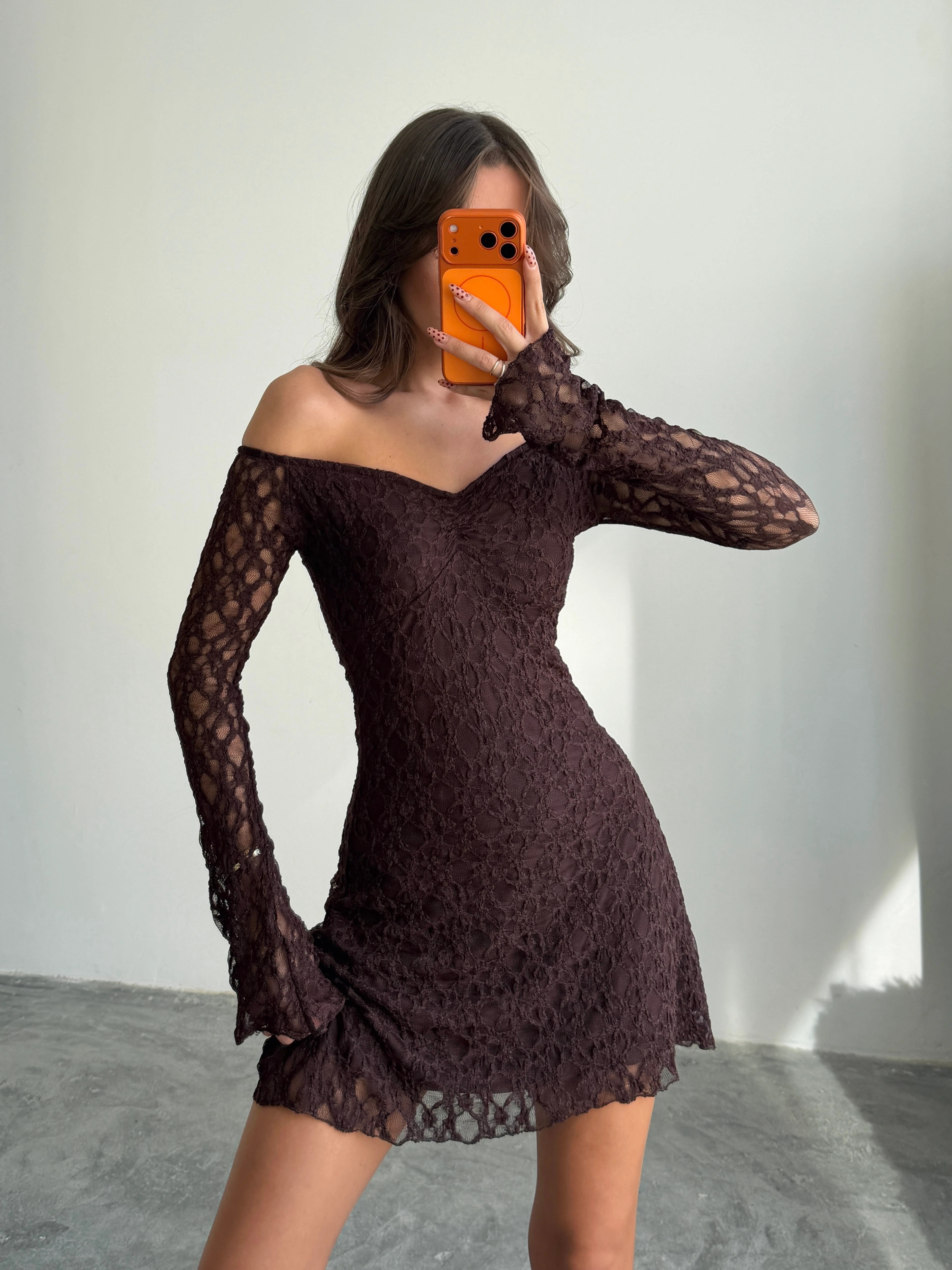 Mini Dantel Elbise - Kahverengi