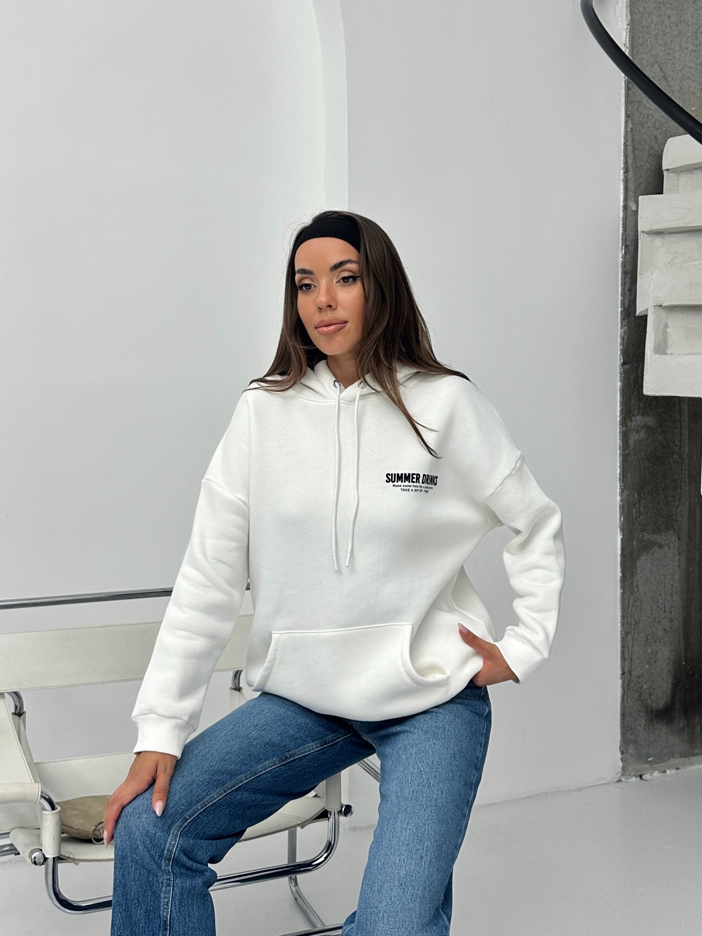 Baskılı Kapüşonlu Oversize Sweat - Beyaz