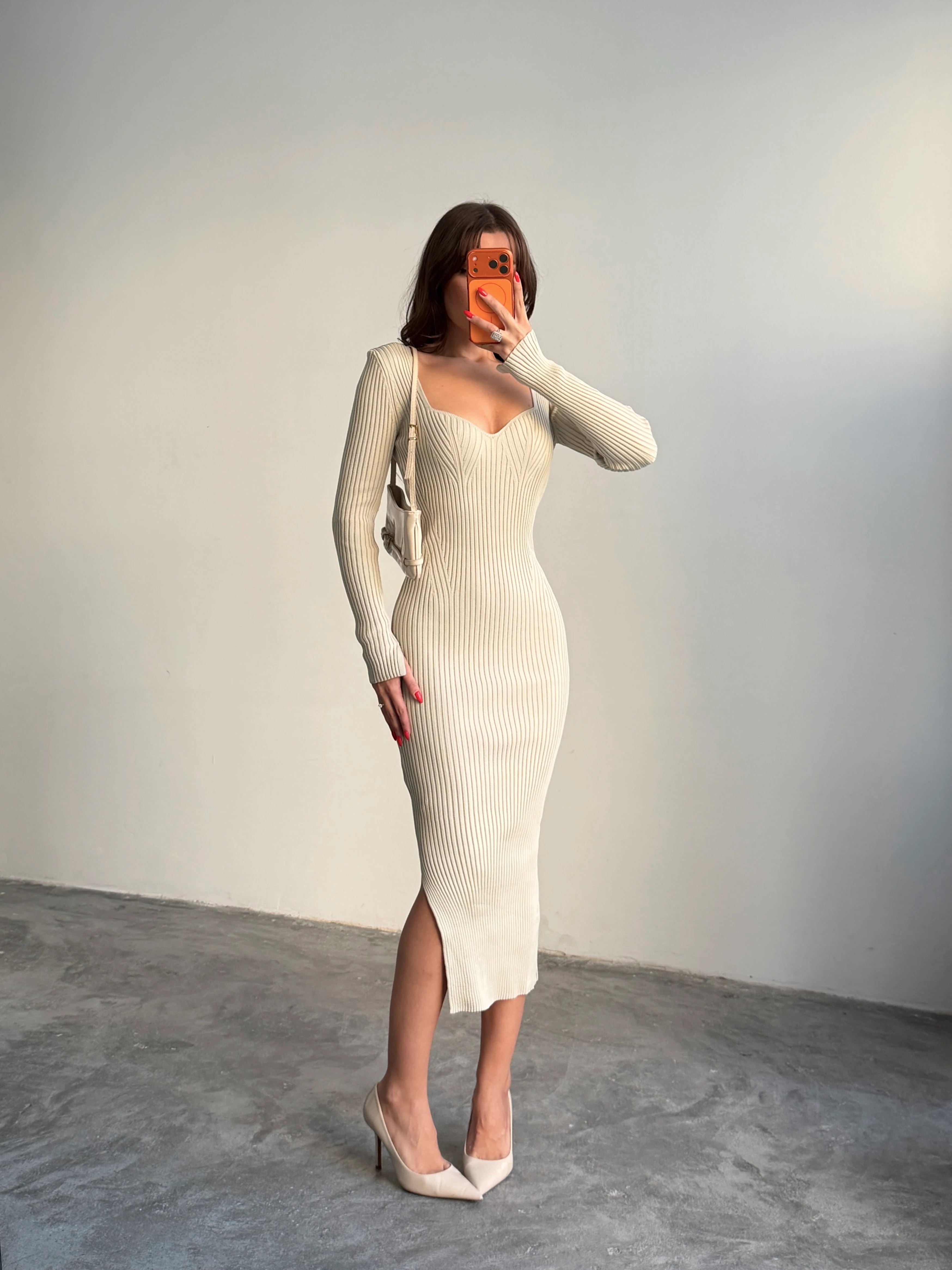 Kalp Yaka Fitilli Triko Elbise - Taş