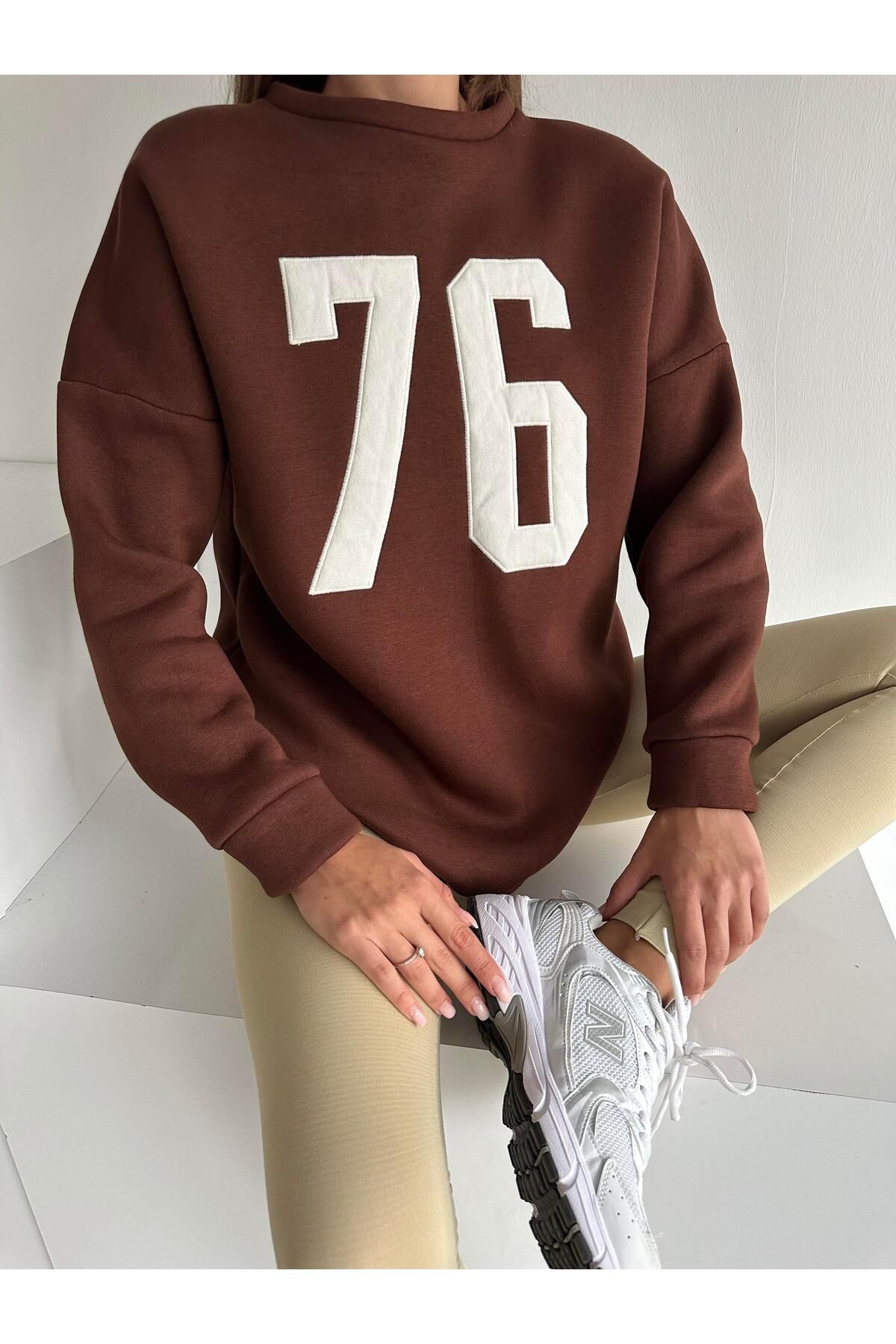 Seventy Six Baskı Sweat Kahverengi