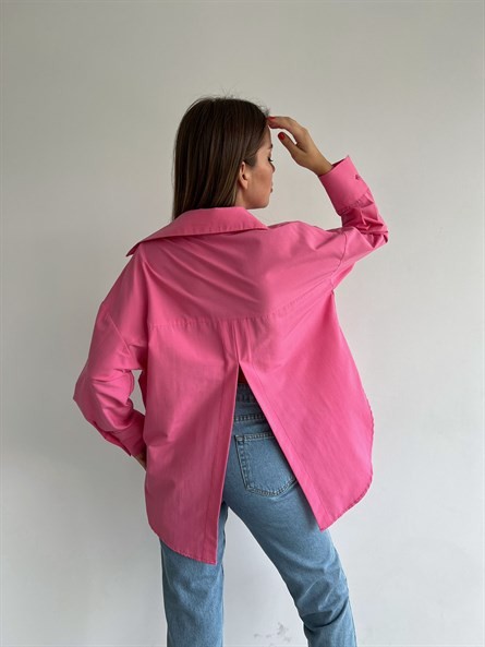 Sırt Yırtmaç Detay Oversize Poplin Gömlek Pembe