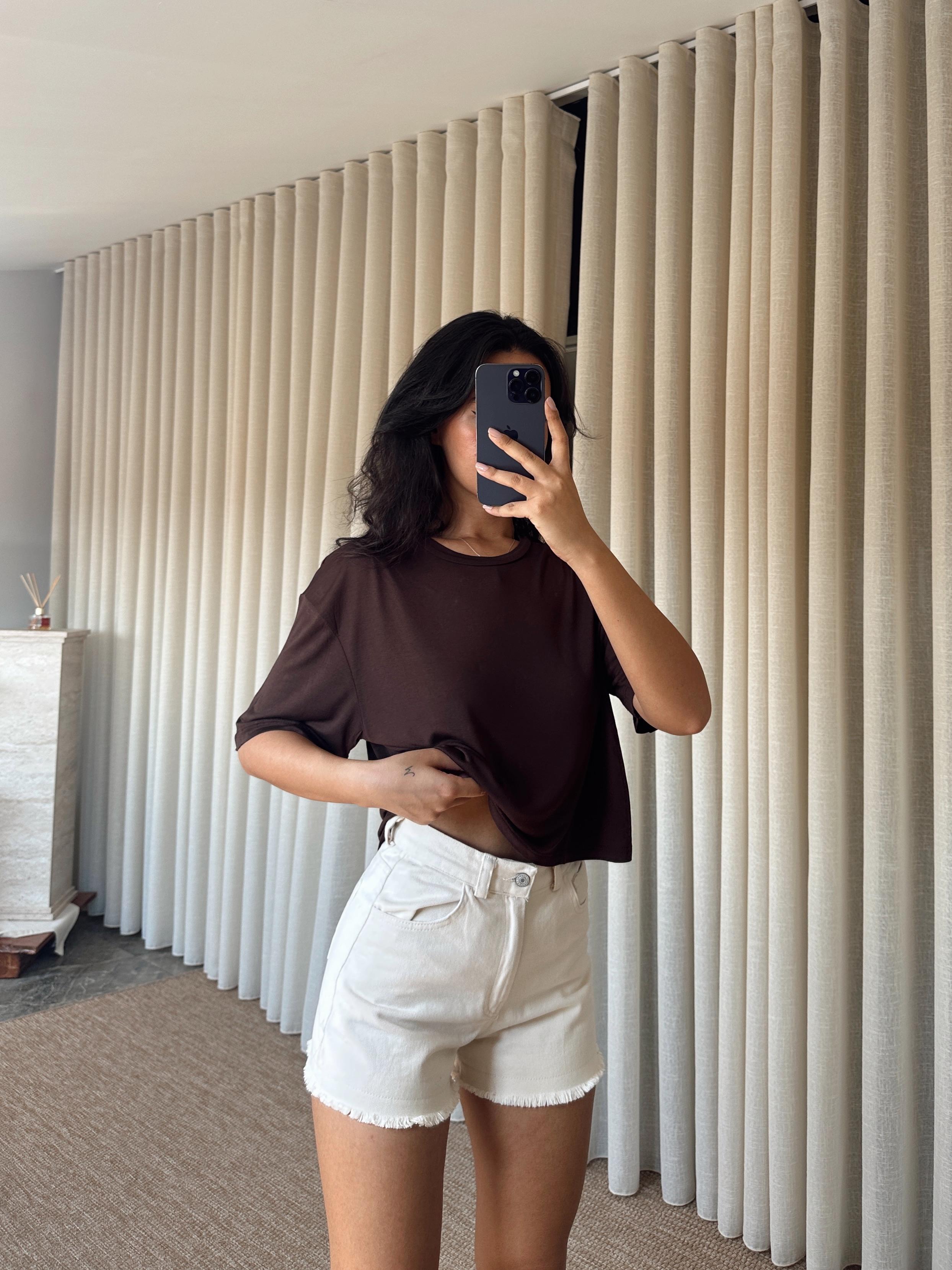 Düz Kısa Kol Crop Basic - Kahve