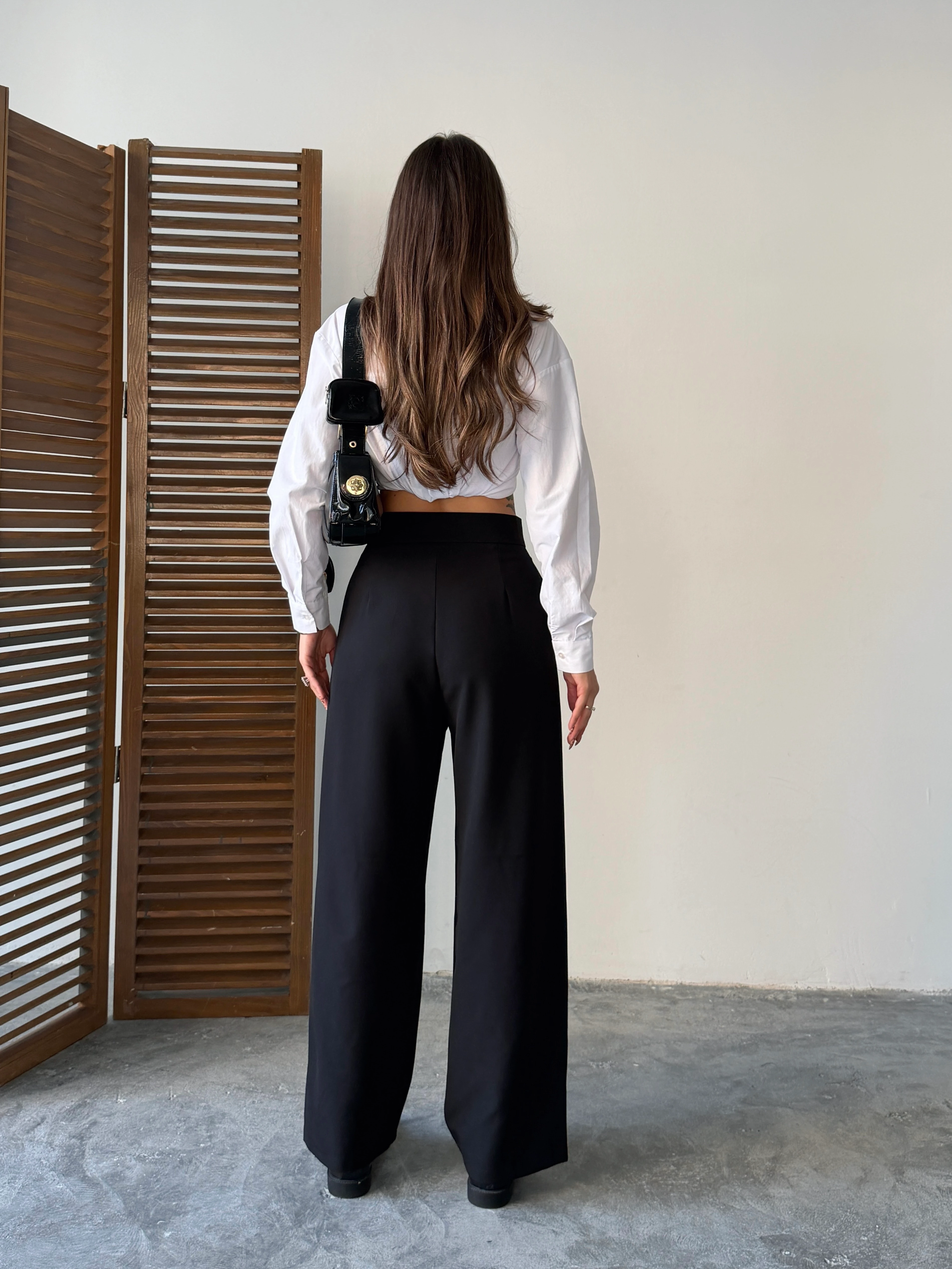 Bel Cırtlı Palazzo Pantolon  - Siyah