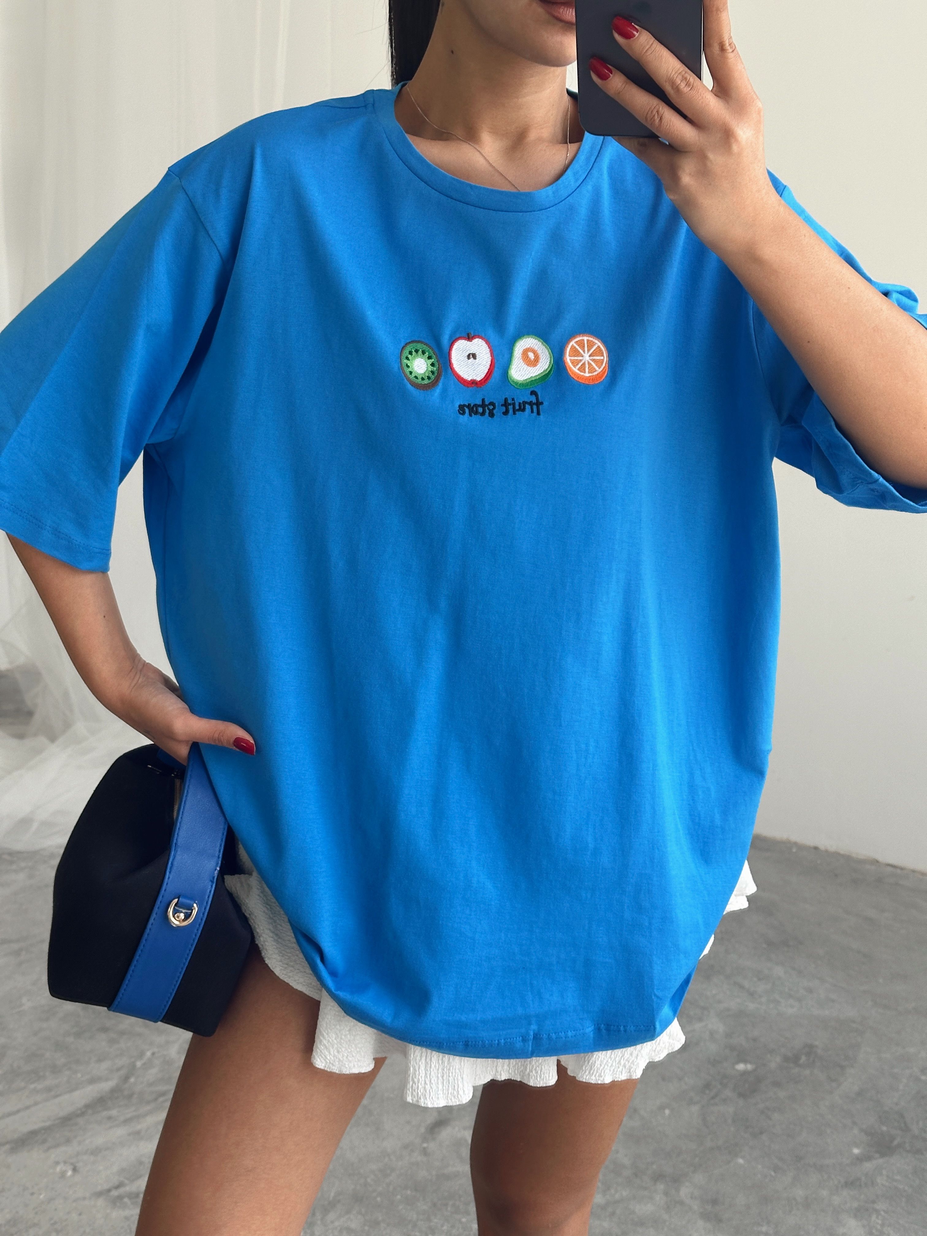 Fruit Nakış Basic T-shirt Mavi