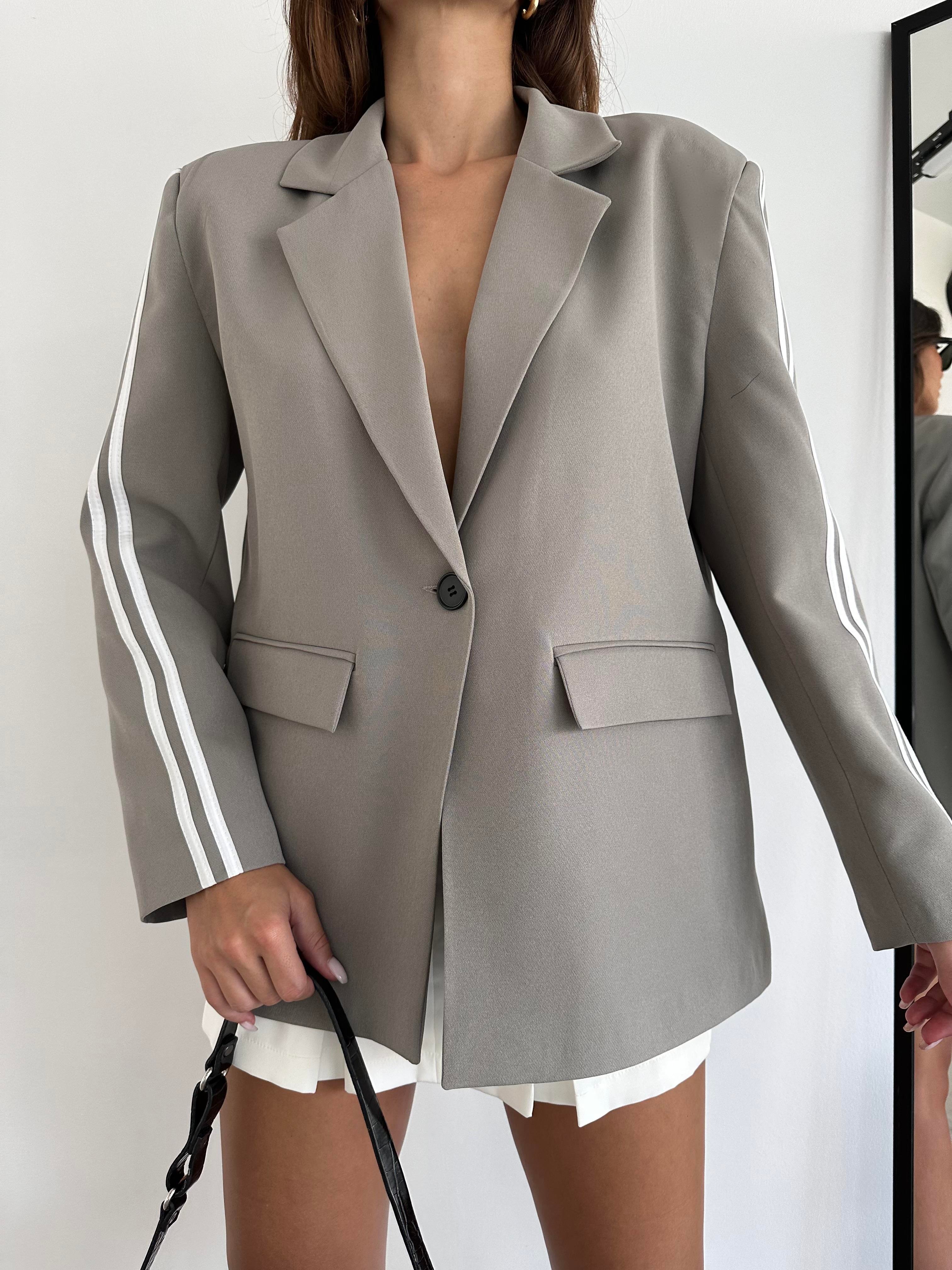 Kol Şeritli Oversize Blazer Ceket Gri