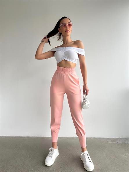 Bel Lastik Pliseli Scuba Jogger Eşofman Pudra Pembe