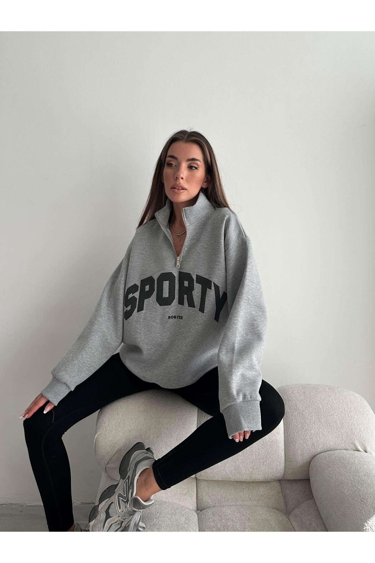 Yarım Fermuar Sporty Sweat Gri Melanj