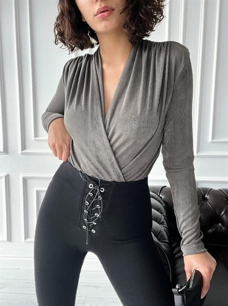 Kruvaze Yaka Çıtçıt Bodysuit Gri