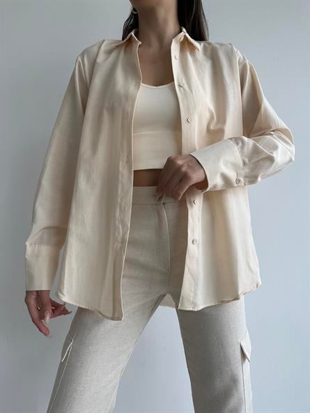 Kol Çift Düğme Oversize Poplin Gömlek Krem