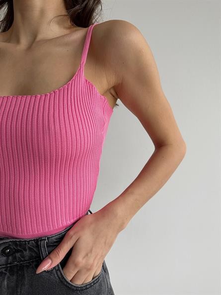 Bel Fırfır Fitilli Triko Bluz Pembe