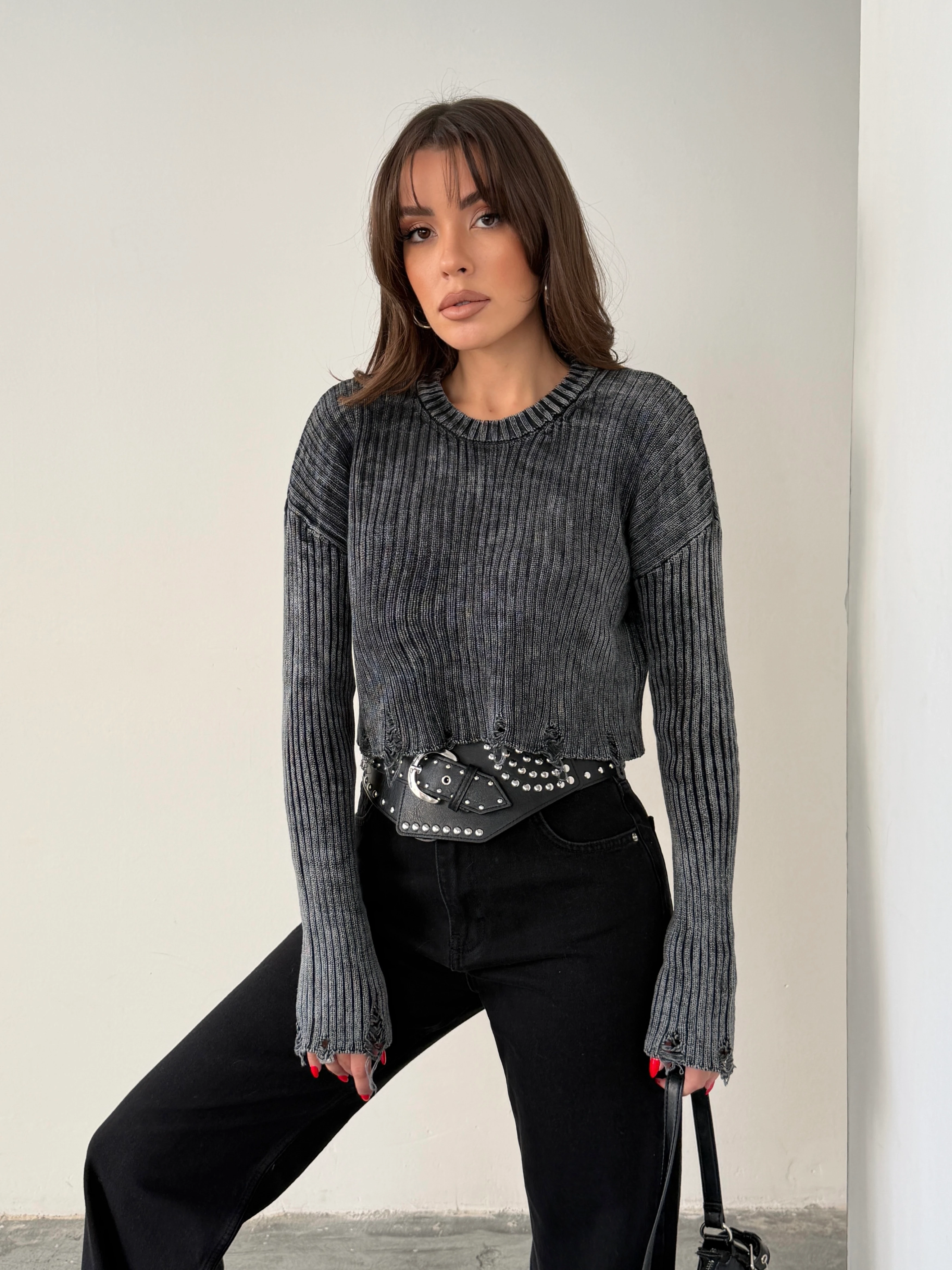 Yırtık Detay Crop Triko  - Gri