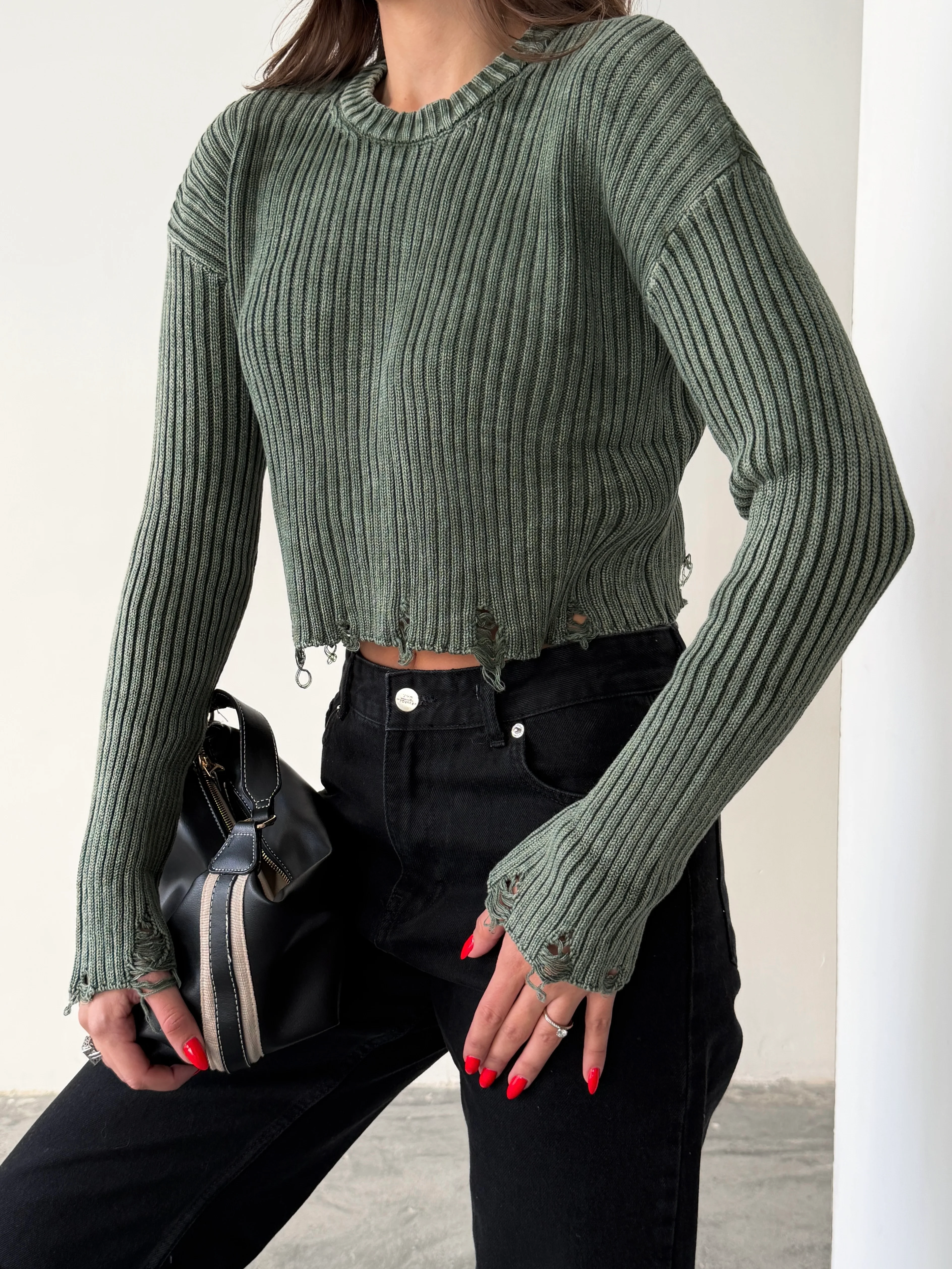 Yırtık Detay Crop Triko  - Haki