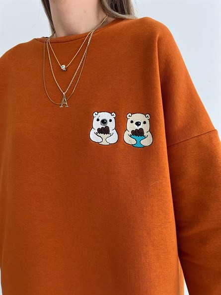 Twin Bear İşleme Oversize Sweatshirt Kiremit