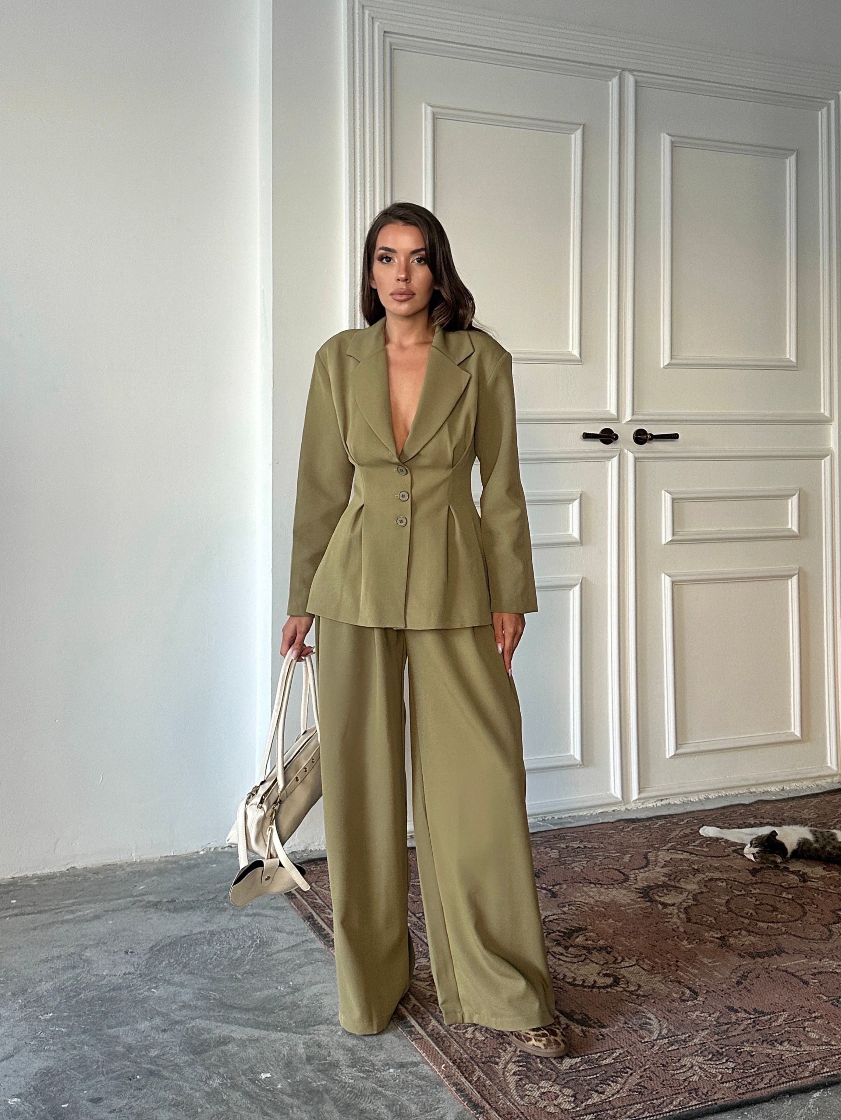 Pile Detay Oturtmalı Blazer Ceket  - Haki Yeşil