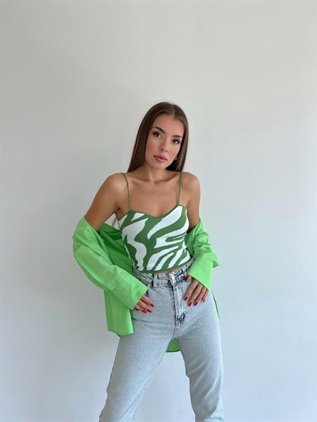 İp Askı Zebra Desenli Triko Bluz Yeşil-Beyaz