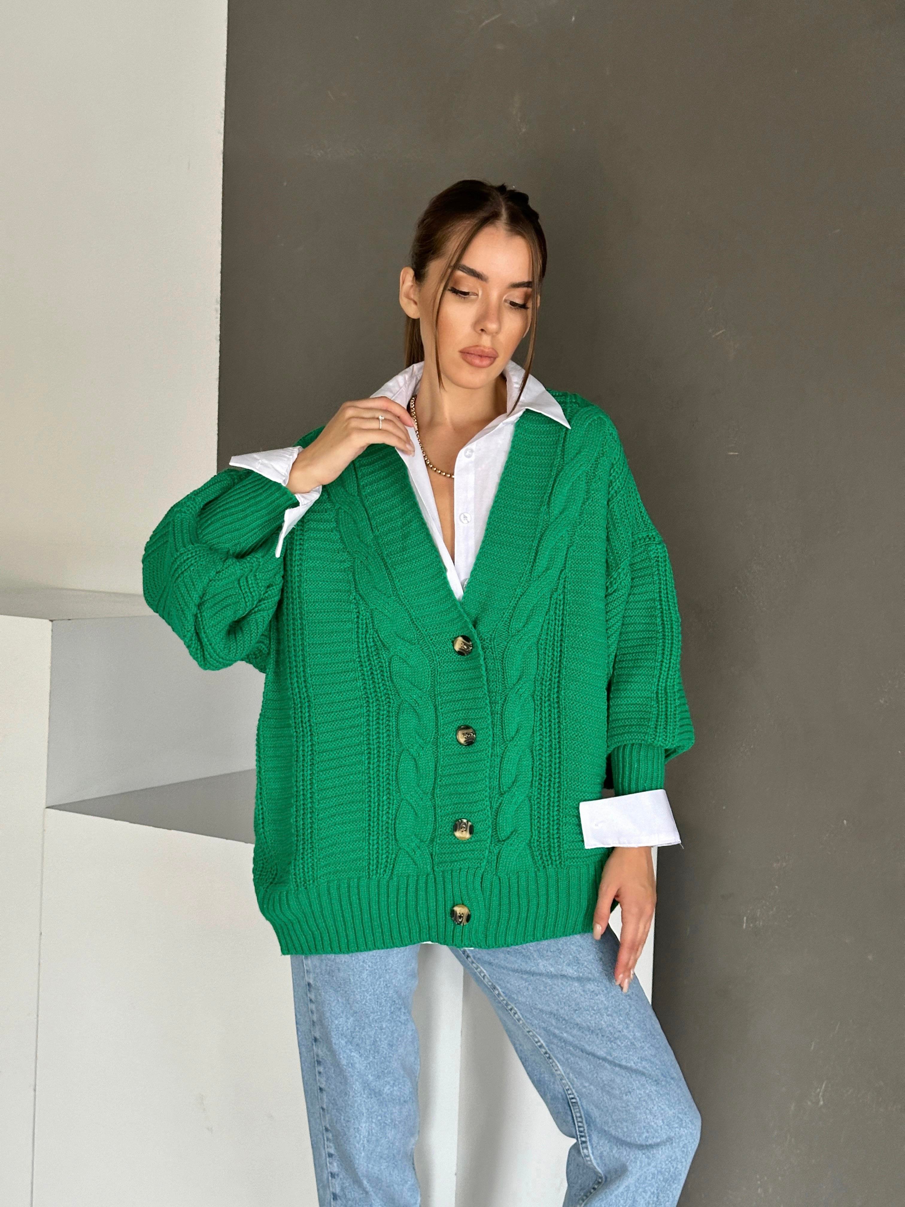 Düğmeli Oversize Örgü Hırka Koyu Yeşil