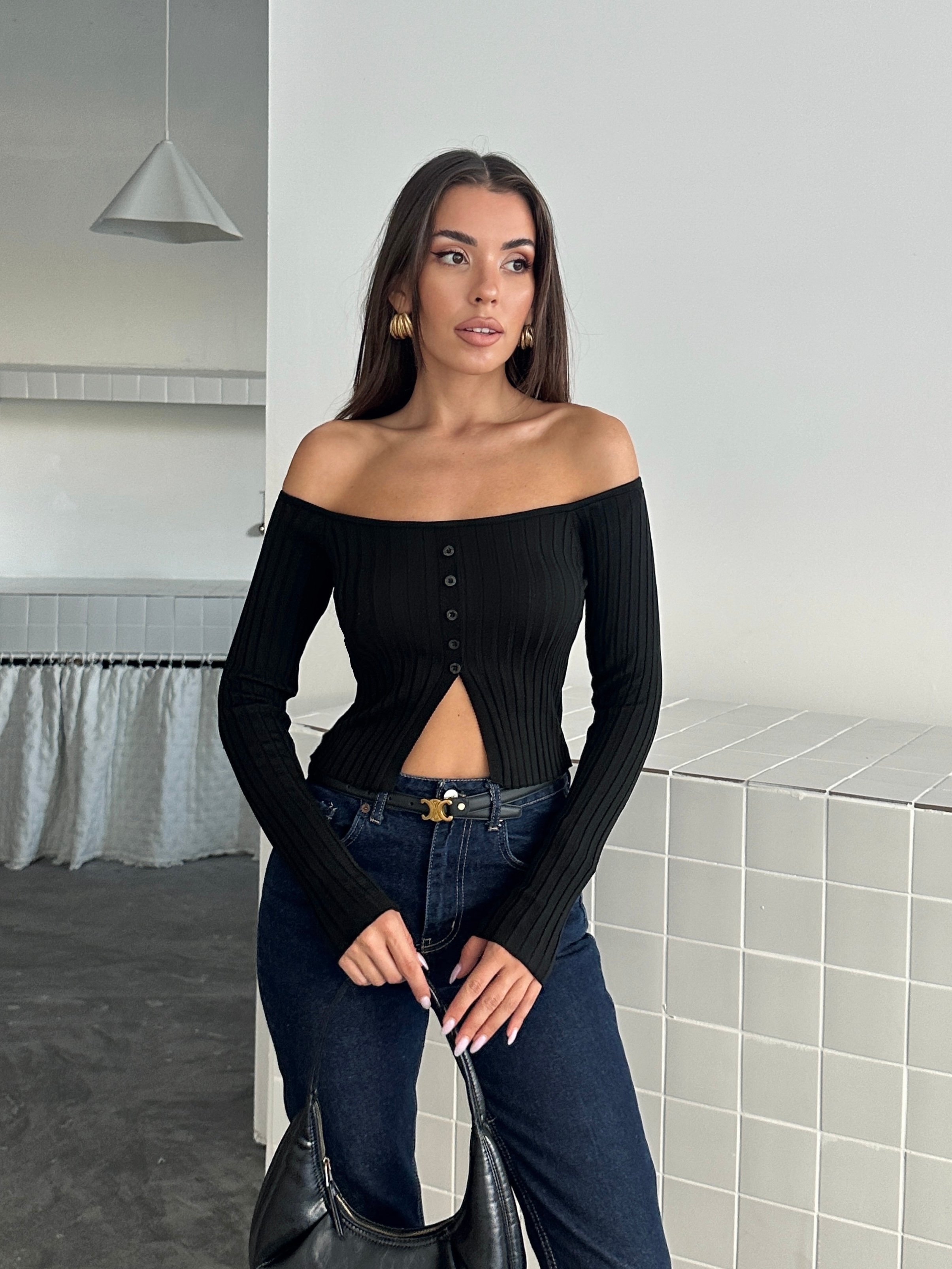Düğme Detaylı Crop Bluz - Siyah