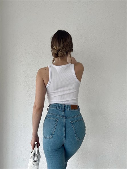 Bear Halter Yaka Fitilli Crop Beyaz