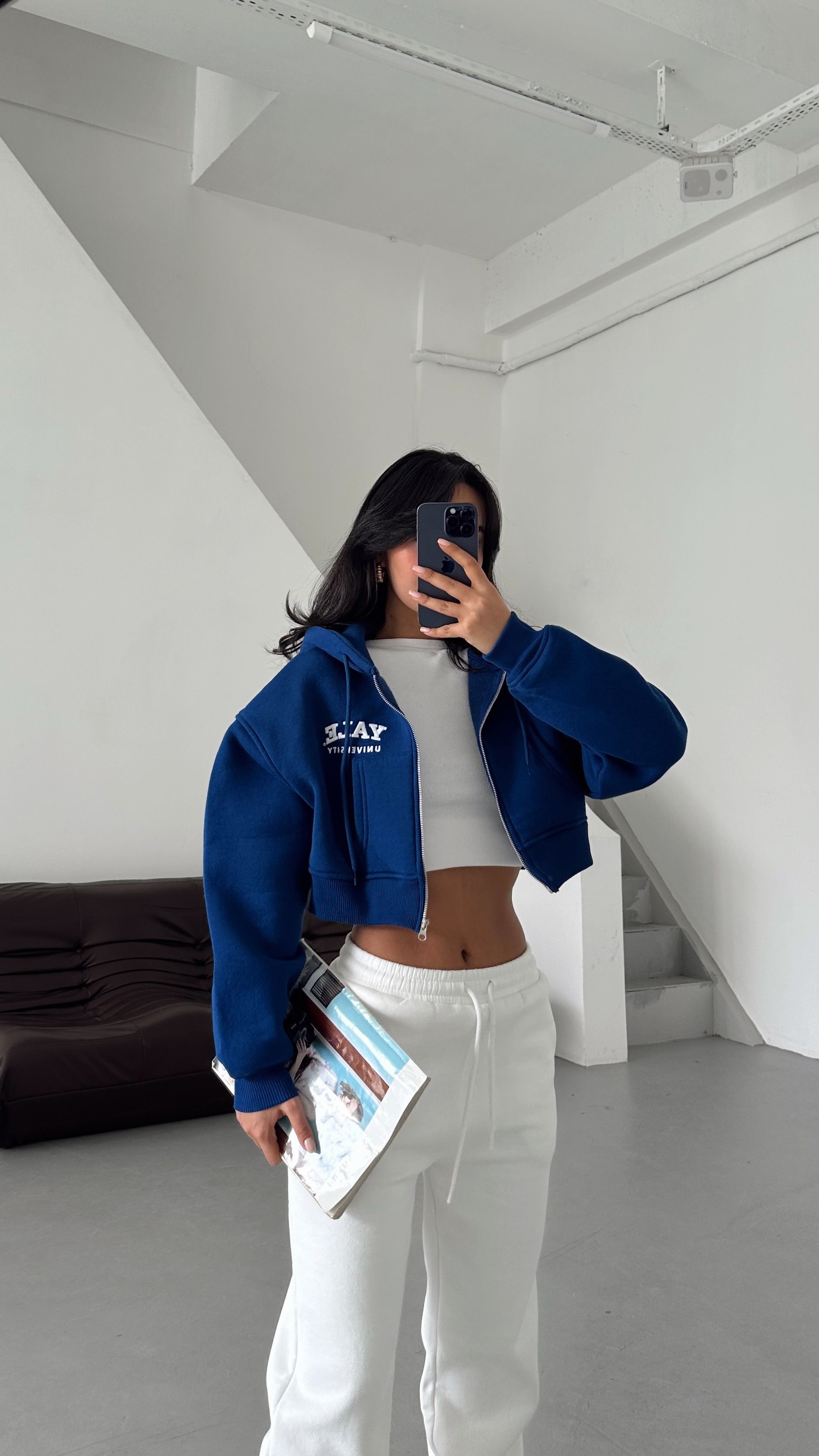 Fermuarlı Crop Sweat - Saks Mavi