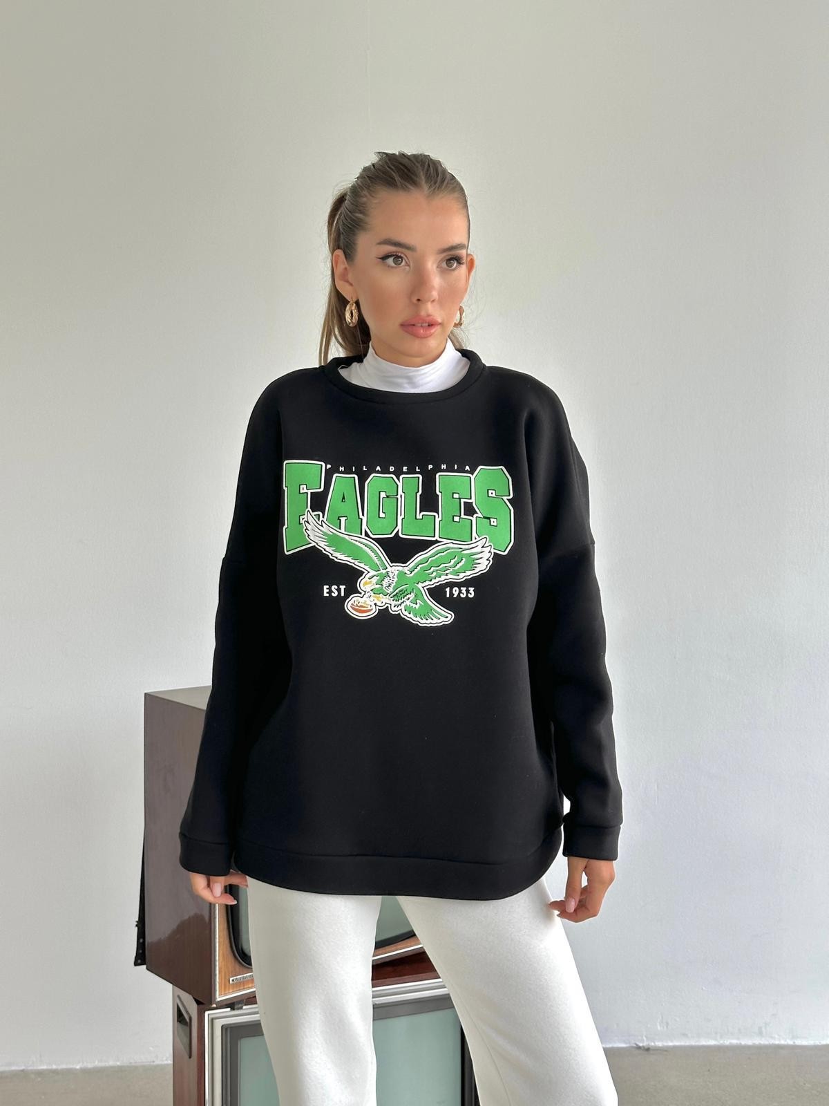 Eagles Üç İplik Oversize Sweat Siyah