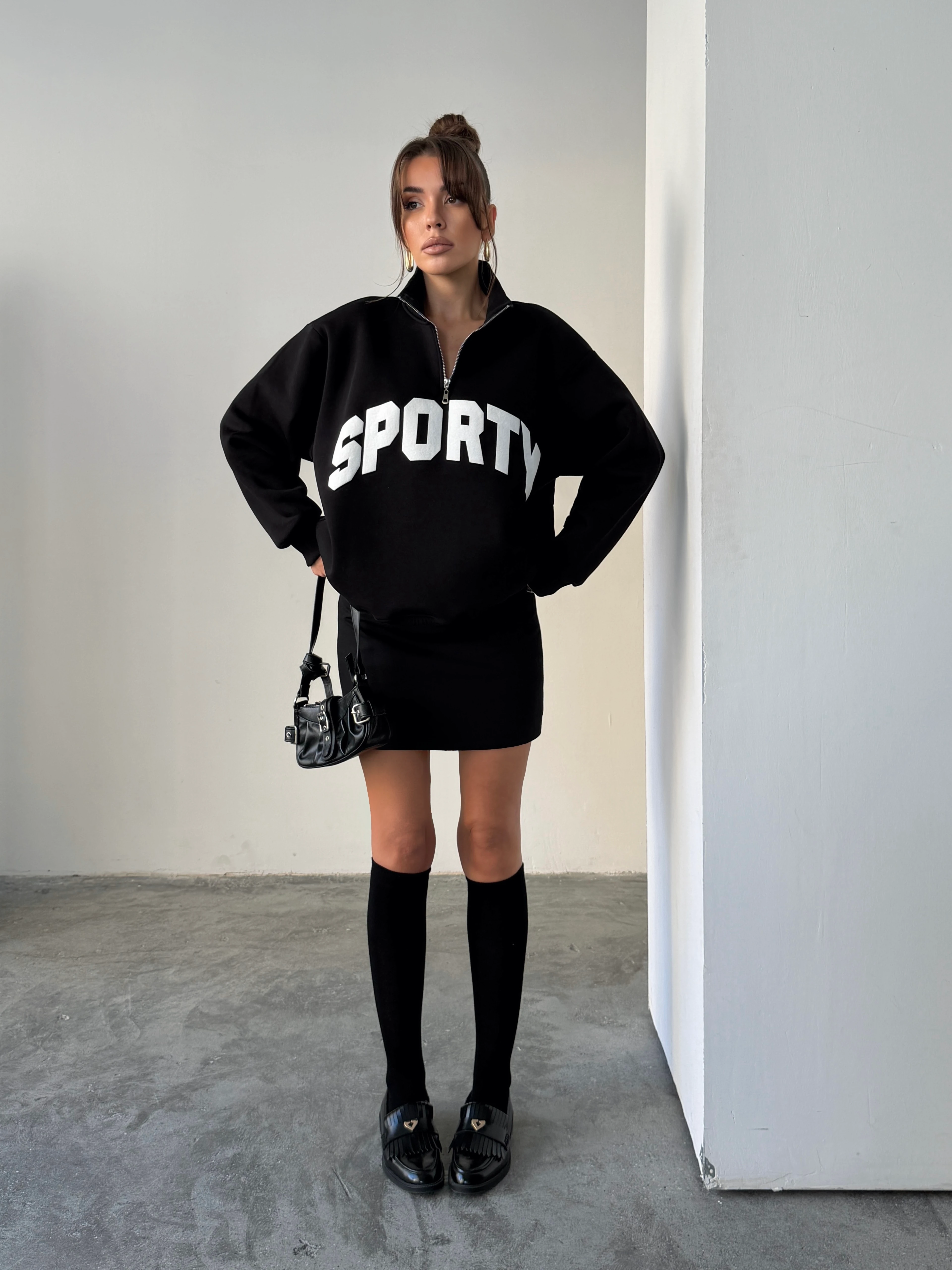 Sporty Yarım Fermuar Sweat - Siyah