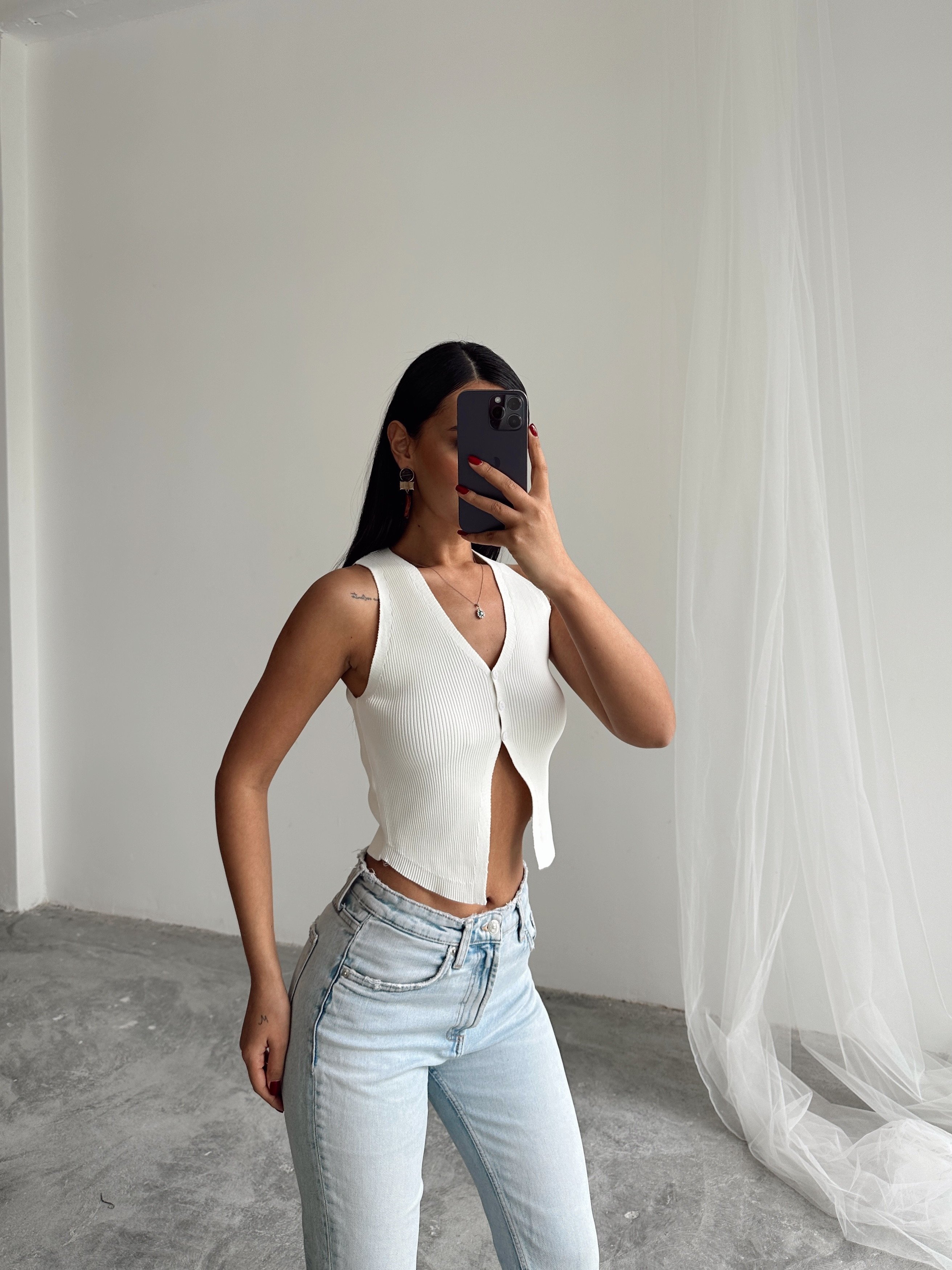 Düğmeli Crop Yelek - Ekru