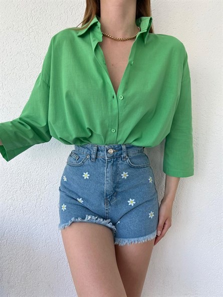 Fakir Kol Oversize Keten Gömlek Yeşil