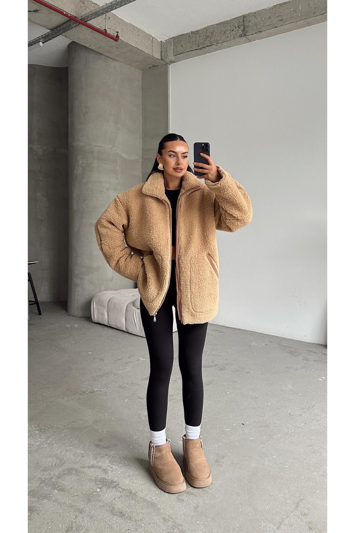 İç Astarlı Oversize Peluş Mont Vizon