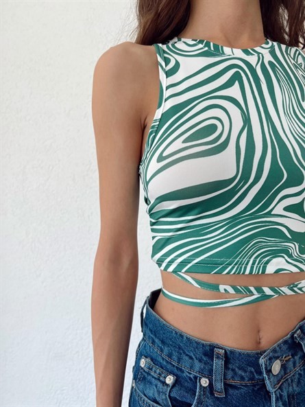 Halter Yaka Bel Çarpraz Desenli Crop Yeşil