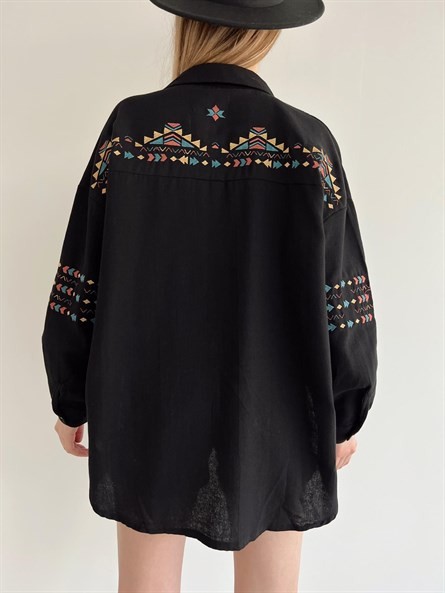 Etnik Nakışlı Oversize Gömlek Siyah
