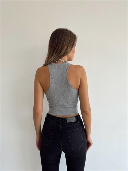 Seamless Halter Yaka Spor Crop Gri